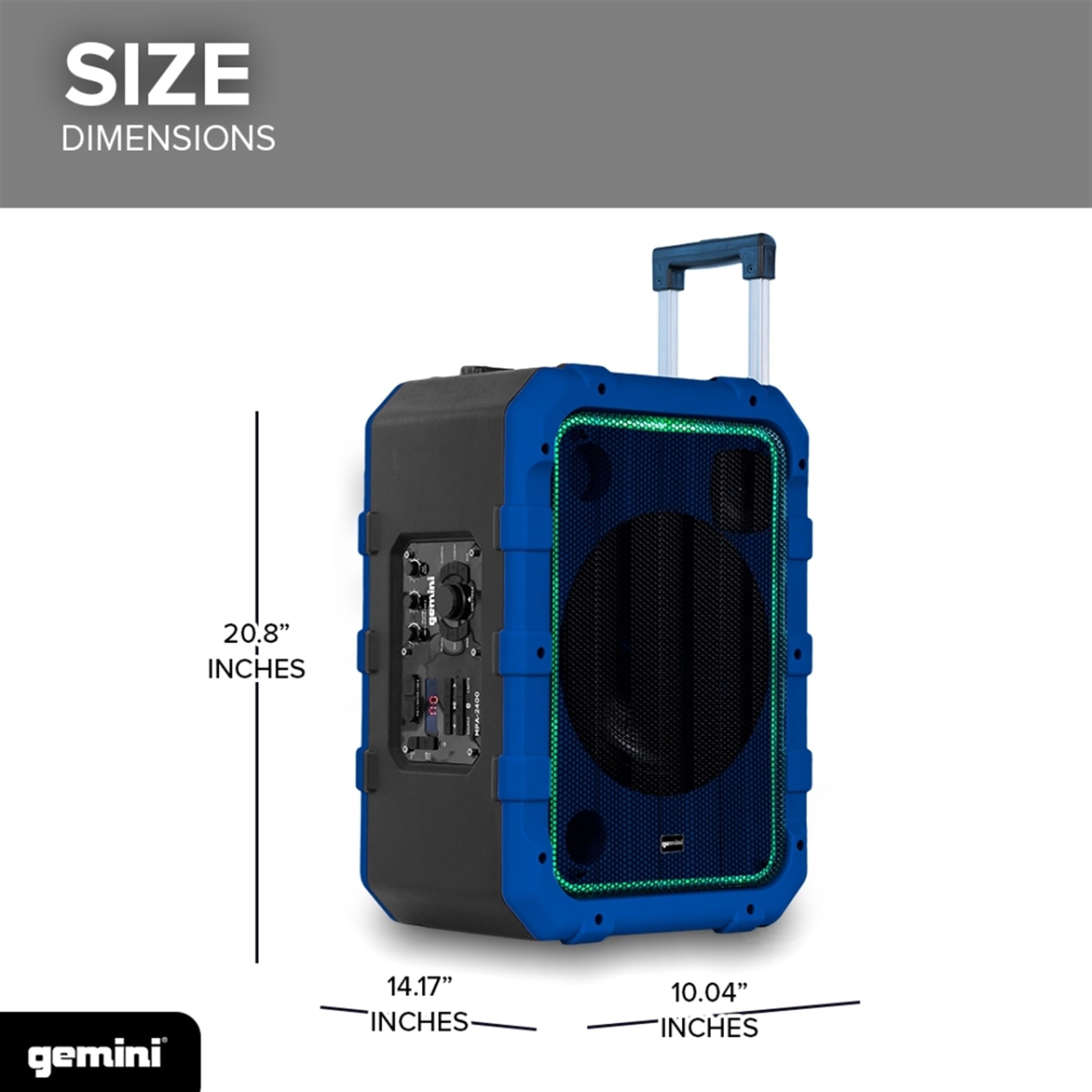 Gemini Sound MPA-2400 Blue 240W Wireless Portable Bluetooth Party Speaker, IPX4 Waterproof, LED Lights, 10” Woofer, Mic/Guitar Inputs, Trolley & Wheels - Perfect for Outdoor Beach Tailgate Parties