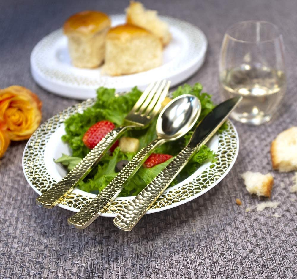 Plastic Cutlery Silverware Extra Heavyweight Disposable Flatware, Full Size Cutlery Combo, Gold Pebbled, 80 Forks, 40 Spoons, 40 Knifes, Value Pack 160 Count