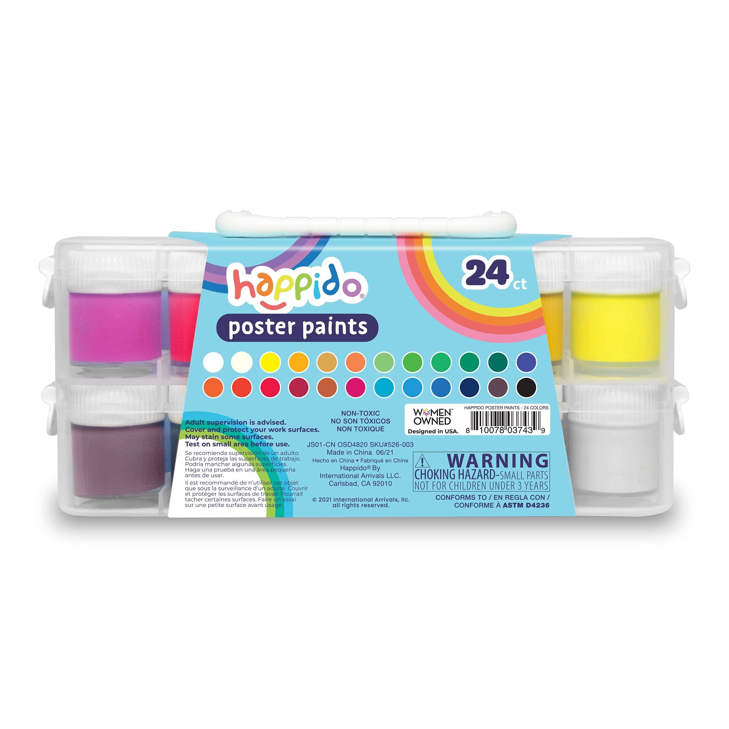 Happido Poster Paints, 24 Classic Colors - Non-Toxic Brightly Colored 15 ml Paint Bottles, Great for Craft Projects and Coloring, Comes with Carry and Storage Case, Art Supplies for Kids of All Ages