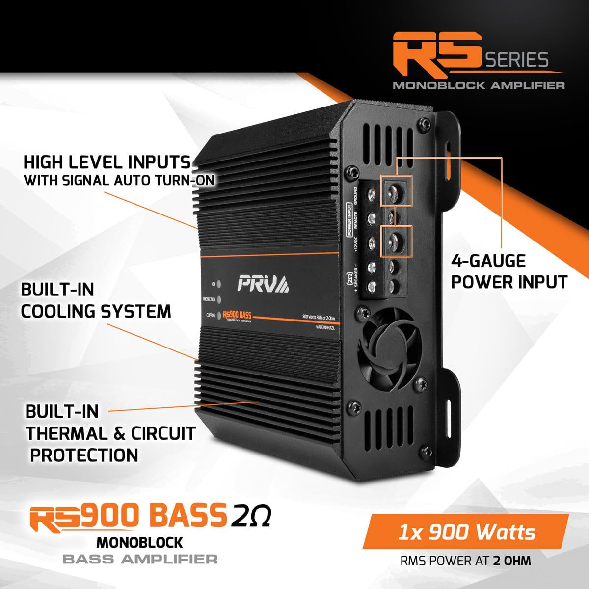 PRV AUDIO RS900 BASS 2 Ohm 900 Watts Mono Subwoofer Car Audio Amplifier – 12 Volts Monoblock Class D Amp, Built-in Crossover & Bass Boost with High Level Inputs