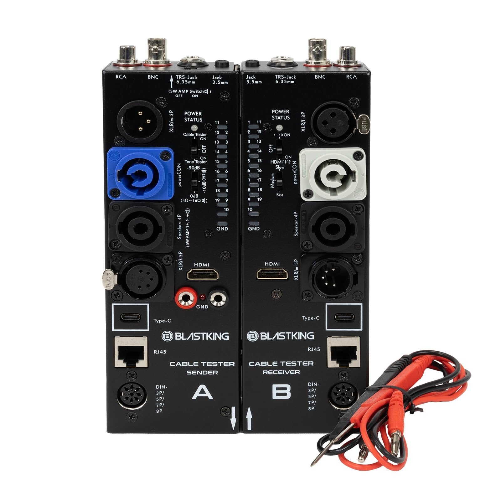 Blastking CTAB Cable Tester A/B – Universal Detachable Cable Tester for XLR, 1/4”, RCA, Speakon, USB, HDMI, BNC, RJ45 & More – Portable Audio/Video/Network Cable Checker