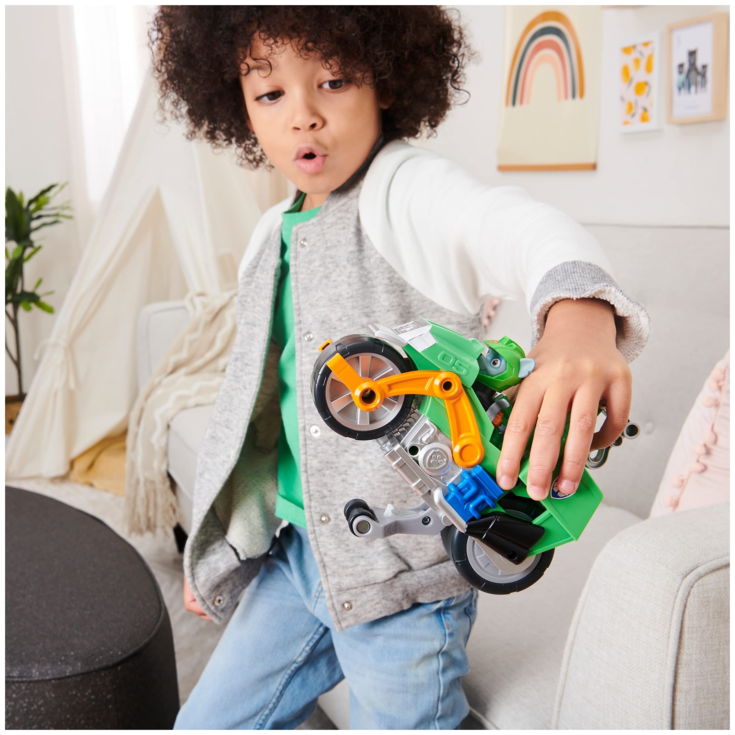 Paw Patrol, Moto Pups Rocky’s Deluxe Pull Back Motorcycle Vehicle with Wheelie Feature and Toy Figure