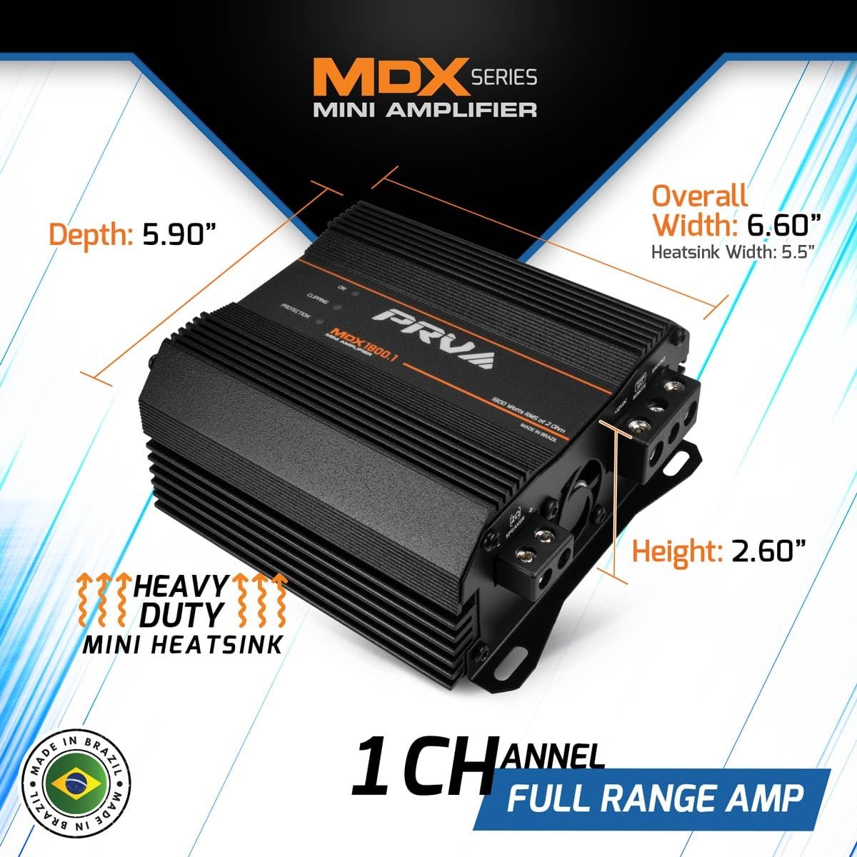 PRV Audio MDX1800.1 2 Ohm Mini Car Audio Amplifier 1 Channel 1800 Watts RMS Ultra Compact Full Range Monoblock Class D Amp for Powersports, Motorcycles, ATV, for High Power Loudspeaker Systems