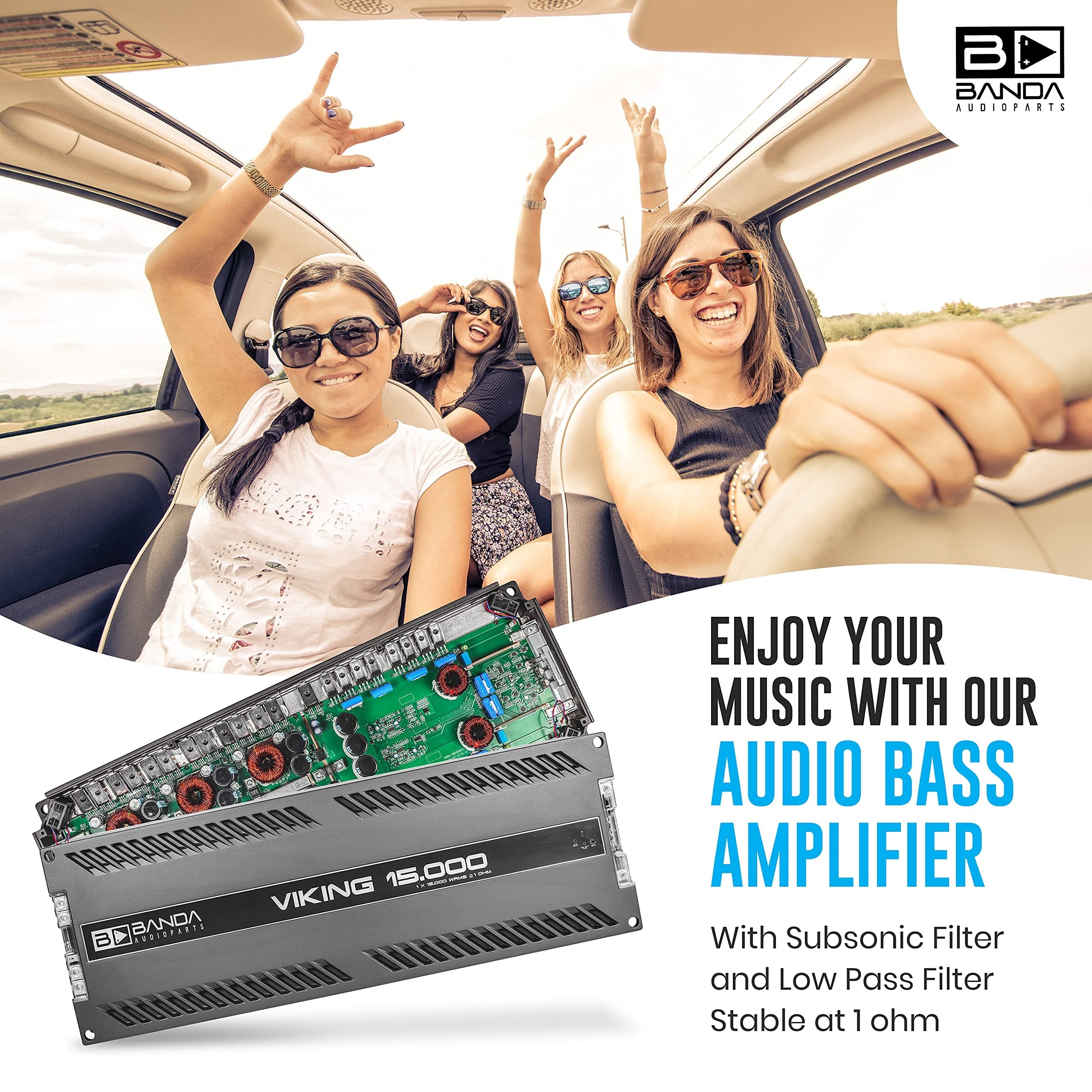Banda 1-Channel Vehicle Audio Bass Amplifier - High-Powered Mono Bass Amplifier w/Subsonic Filter and Low Pass Filter Stable at 1 ohm, LED Indicators, Sound Specialization - BANDA VIKING15000