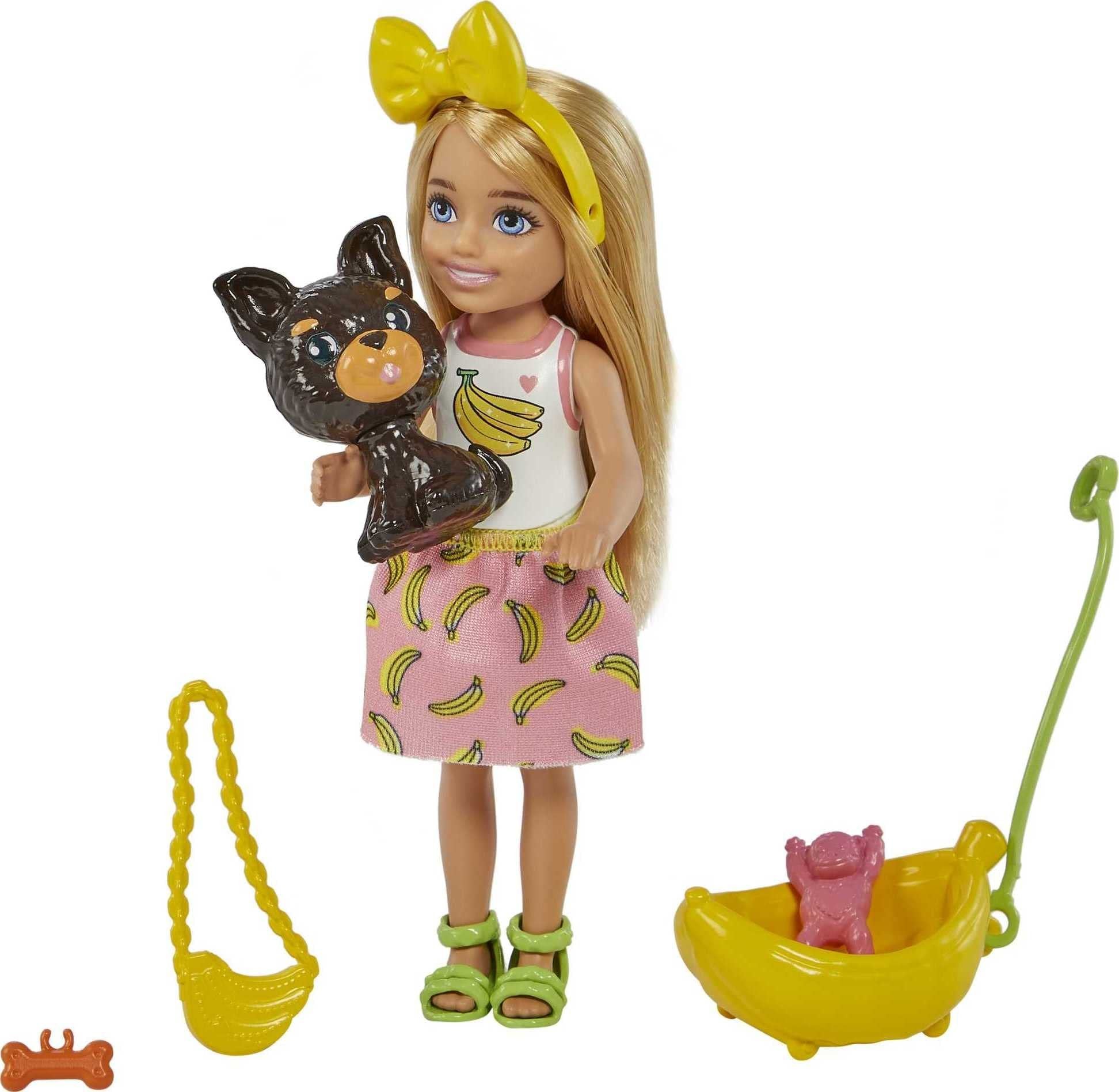 Barbie Chelsea Doll & Accessories, Blonde Small Doll with Removable Banana-Print Skirt, Puppy, Pet Bed & More