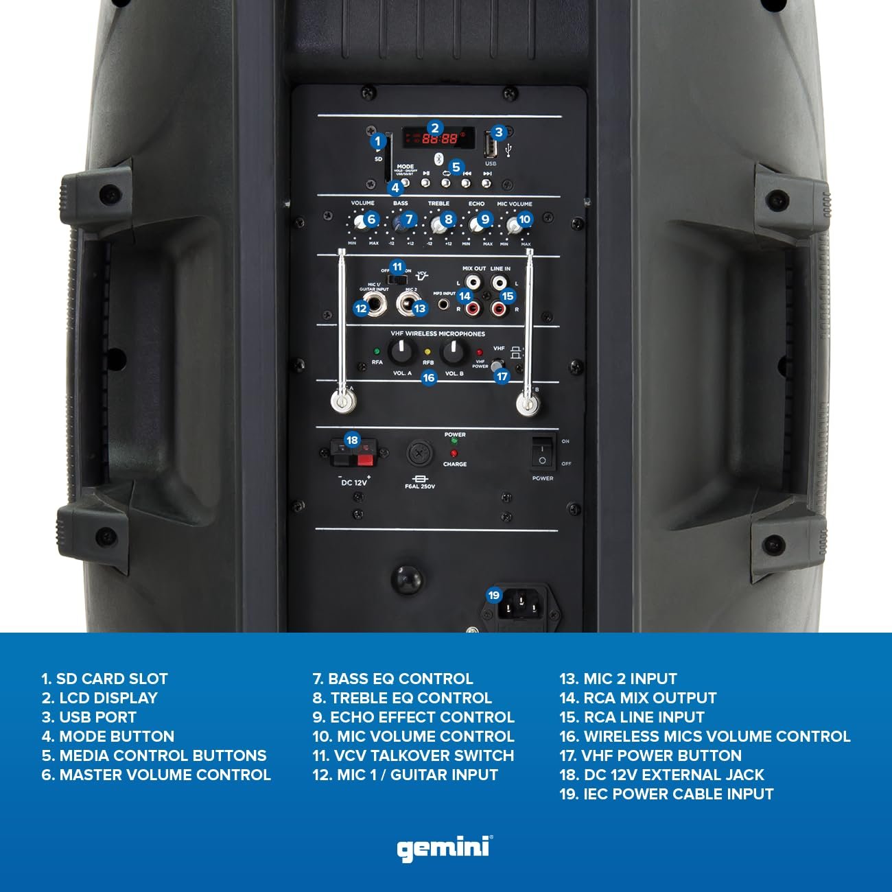 Gemini Sound ES-15TOGO Wireless Portable Bluetooth Streaming Professional DJ PA System Trolley Active 800 Watts Speaker with Dual Mic Jacks SD Card and USB Port with 2 Wireless Mic Bundle