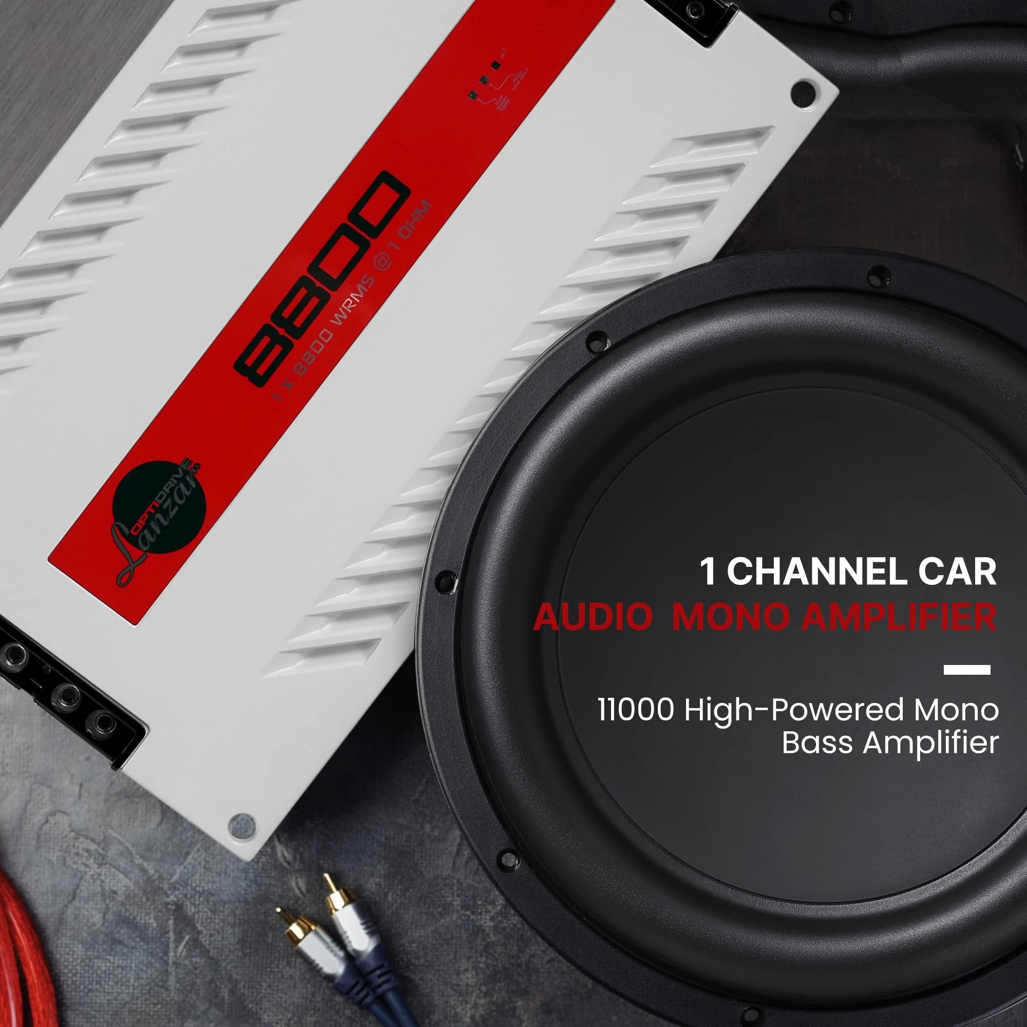 Lanzar One Channel Car Audio Mono Amplifier, 11000 Watt Max @ 1 Ohm High-Powered Mono Car Amplifier with Subsonic Filter and Low Pass Filter, Cooling Fans, White