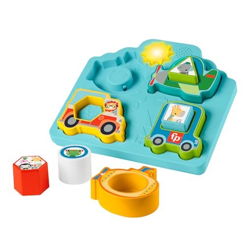 Fisher-Price Baby Sorting Toy Shapes & Sounds Vehicle Puzzle with Music & Lights for Fine Motor Play, Ages 9M+