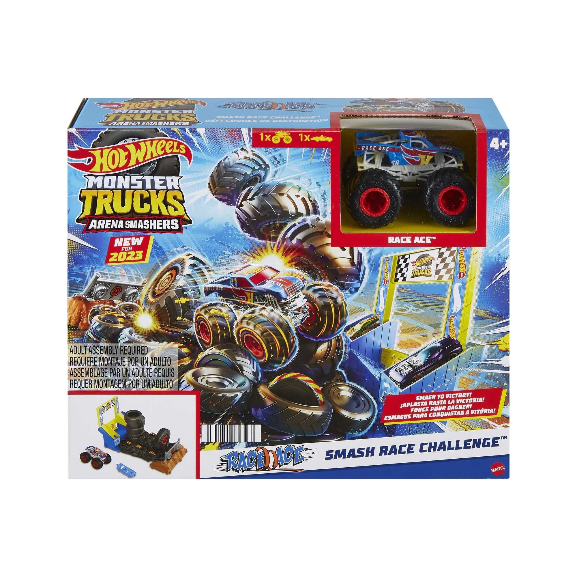 Hot Wheels Monster Trucks Arena Smashers Race Ace Smash Race Challenge Playset with 1:64 Scale Race Ace Toy Truck and 1 Crushable Car