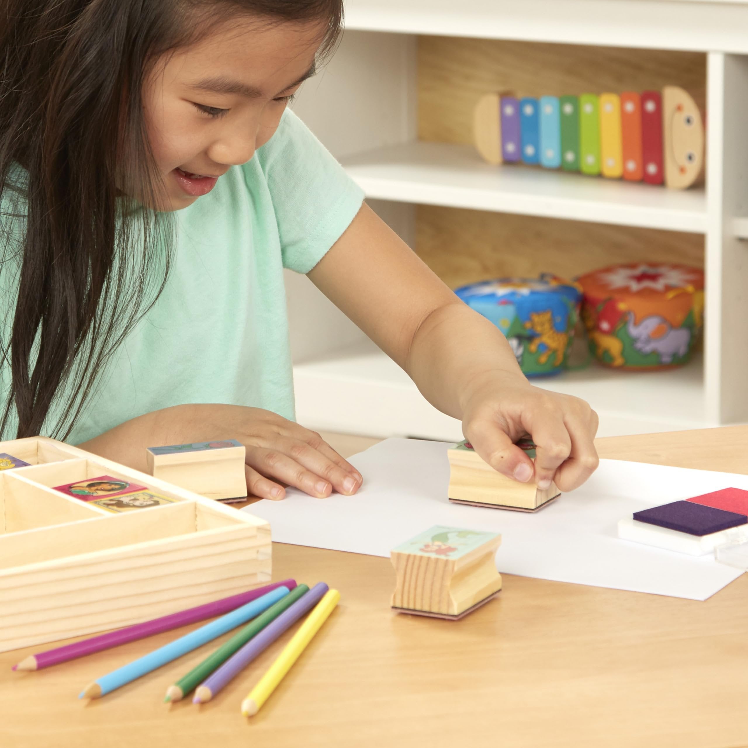 Melissa & Doug Disney Princess Wooden Stamp Set: 9 Stamps, 5 Colored Pencils, and 2-Color Stamp Pad