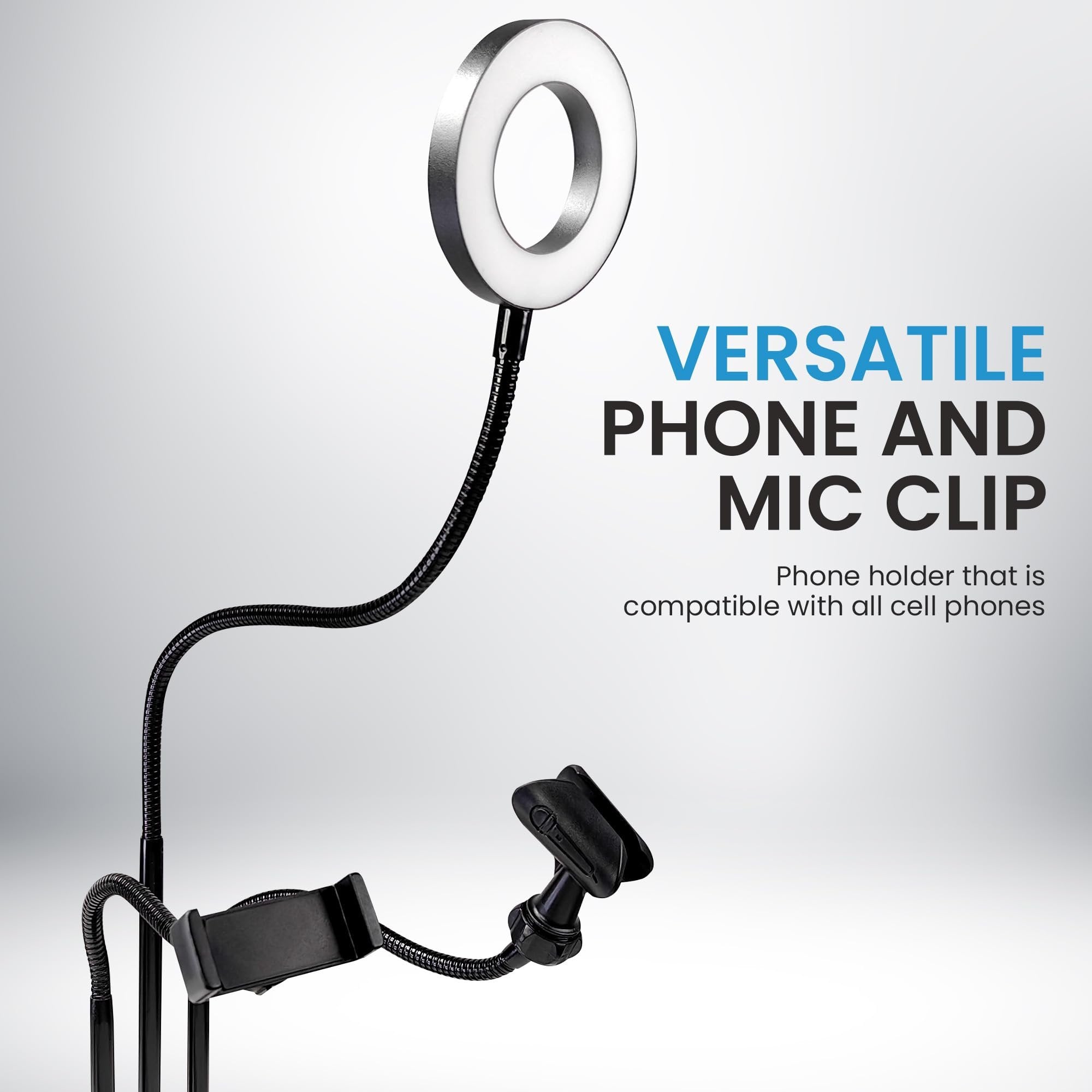 iDance LED Ring Light with Stand, 3.5", Portable Desk Ring Light with Cell Phone Mount, Microphone Holder and Tripod for Laptop, Selfie, USB Powered & Remote with Foldable & Adjustable Stand