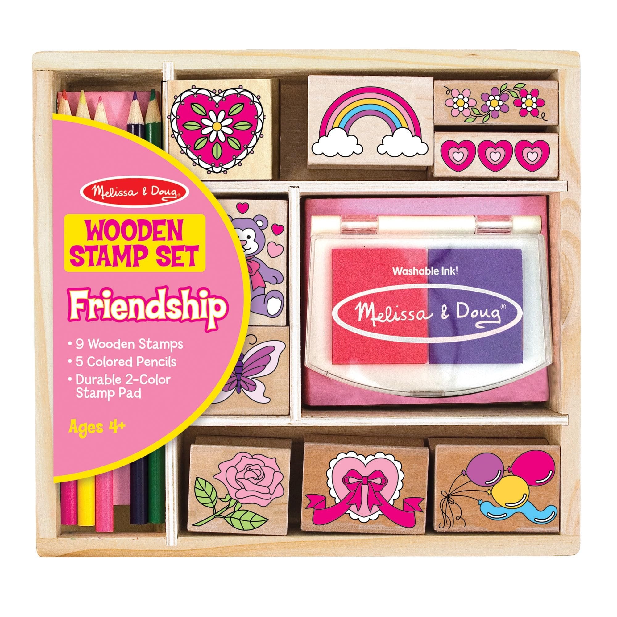 Melissa & Doug Wooden Stamp Set: Friendship - 9 Stamps, 5 Colored Pencils, and 2-Color Stamp Pad - FSC Certified