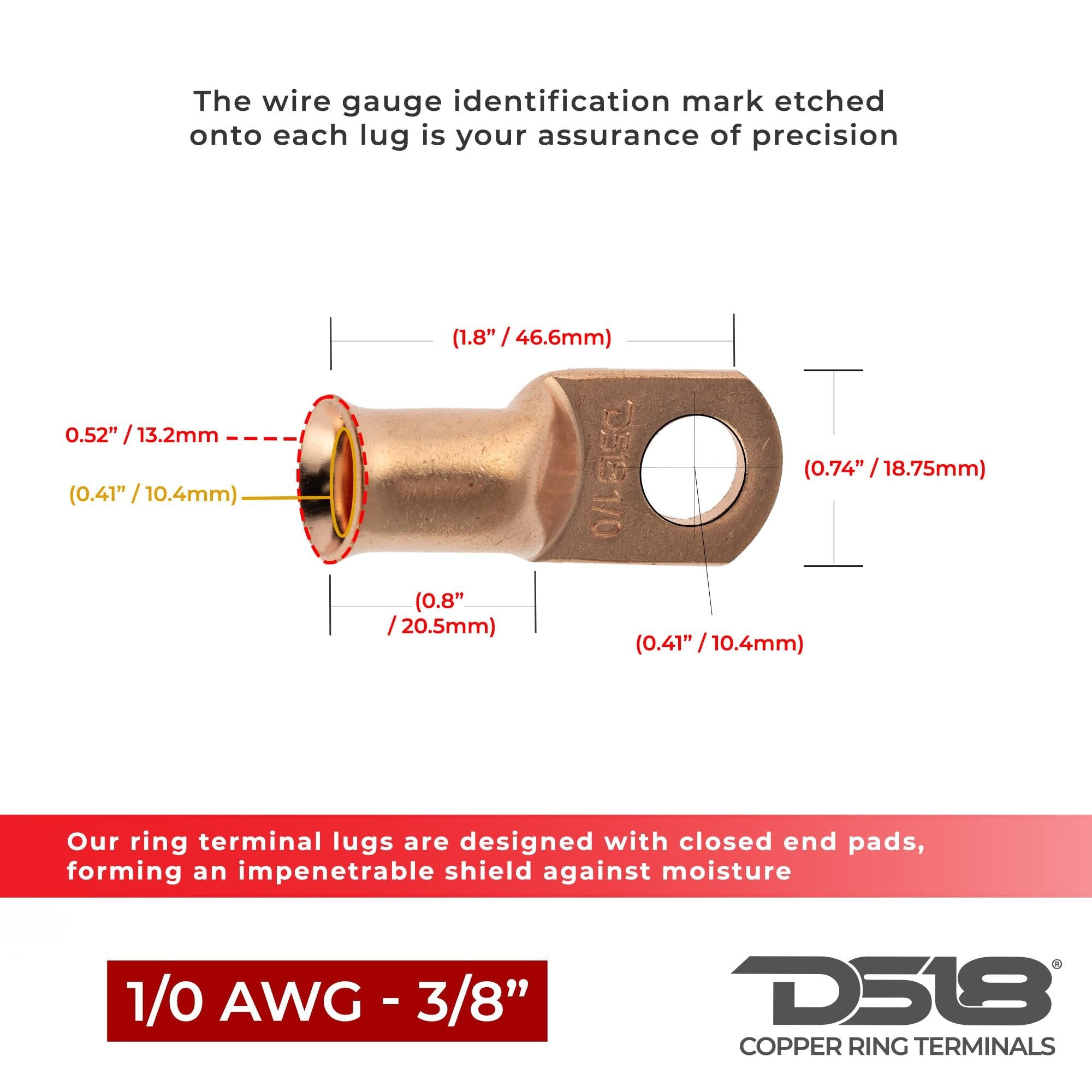DS18 CCL1/0 Heavy Duty Cable 1 Gauge Lugs Battery Cable Bare Copper Eyelets Tubular Ring Terminal Connectors, (10 Pack),Black