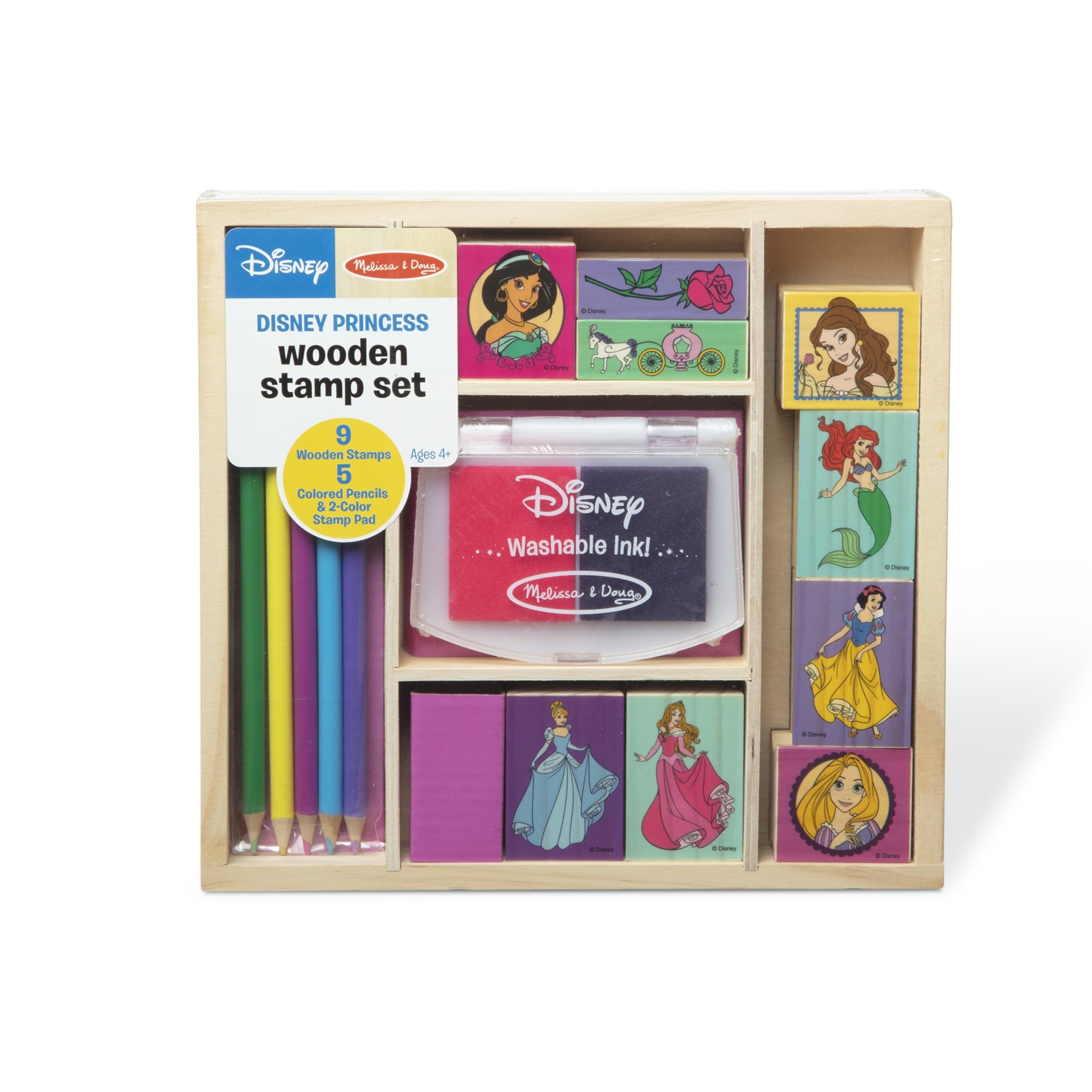 Melissa & Doug Disney Princess Wooden Stamp Set: 9 Stamps, 5 Colored Pencils, and 2-Color Stamp Pad