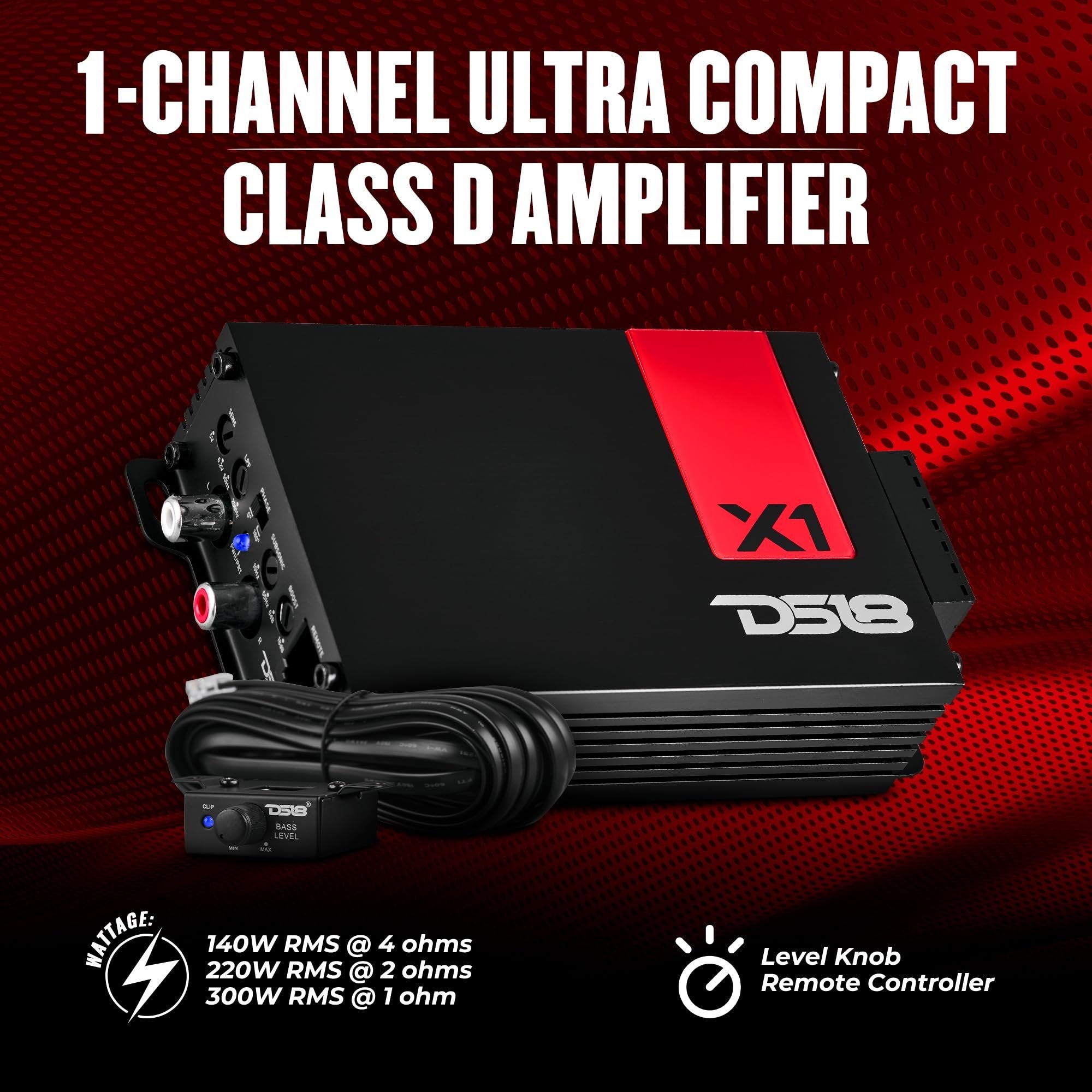 DS18 X1 Ultra Compact Car Audio Amplifier Class D 1 Channel Monoblock 900 Watts Peak Remote Level Control Included,Black