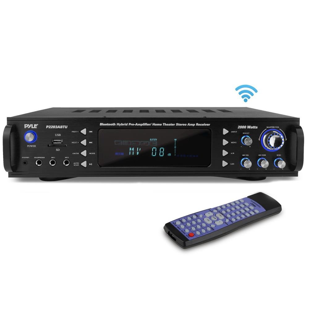 Pyle 4-Channel Bluetooth Home Power Amplifier - 2000 Watt Audio Stereo Receiver w/ Speaker Selector, AM FM Radio, USB/ SD Card Reader, Karaoke Microphone Input - Home Entertainment System