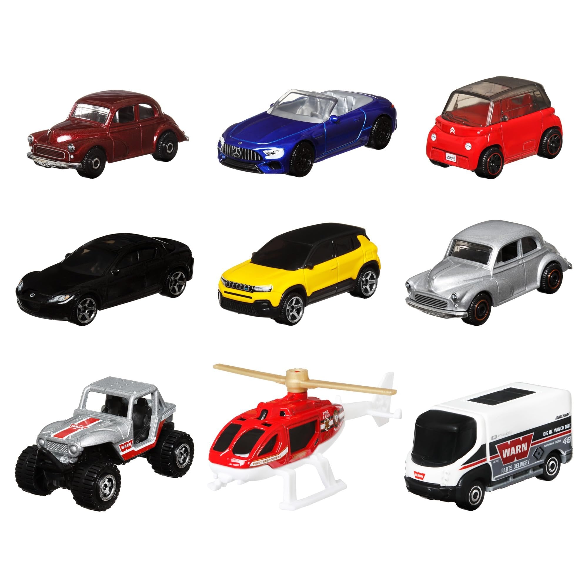 Matchbox Cars, 9-Pack Die-Cast 1:64 Scale Toy Cars, Construction or Garbage Trucks, Rescue Vehicles or Planes (Styles May Vary).
