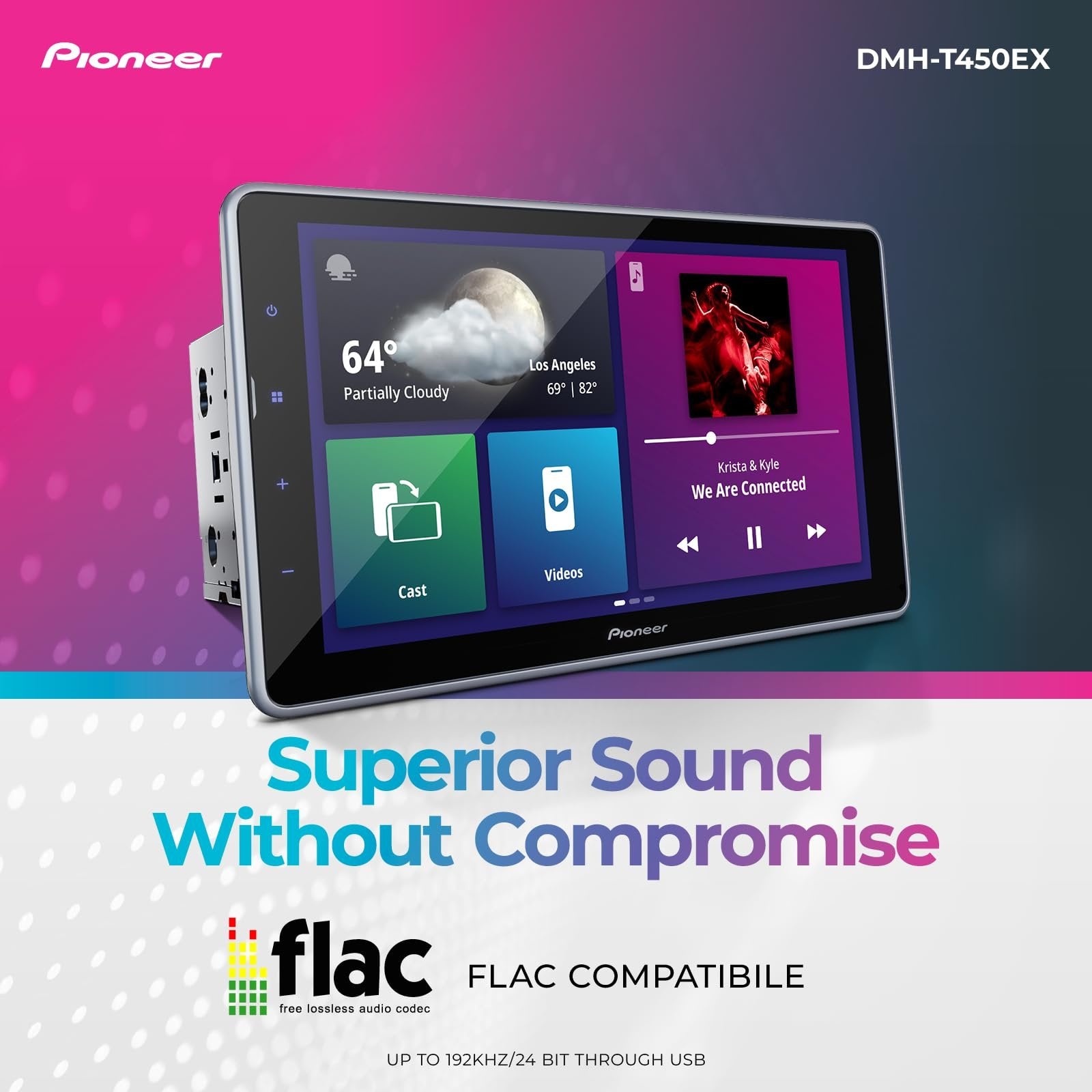 Pioneer DMH-T450EX 9" Capacitive Touchscreen, Floating Display – Alexa, Bluetooth, Backup Camera, FLAC, Short Chassis, USB, AM/FM Radio, 13-Band EQ, RCA Preouts