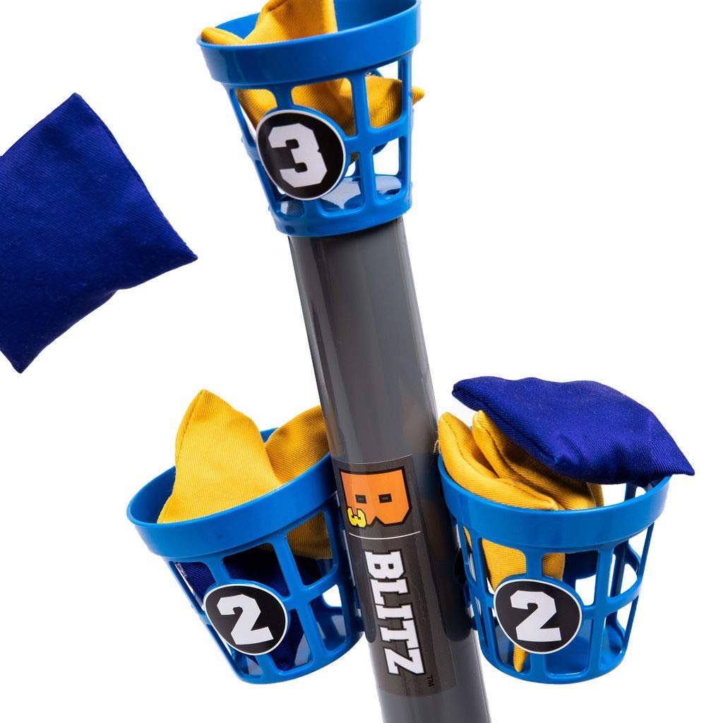 B3 Blitz, Bean Bag and Pong Ball toss Game, Indoor Party Game for Adults and Family: College Bean Bag The Next Generation Pong Game;Game Stand, 5 Buckets 8 Bean Bags 4 Pong Balls, Blue