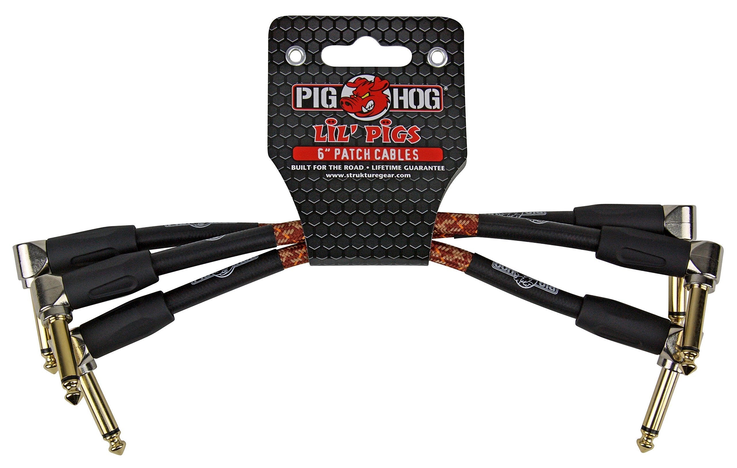 Pig Hog PHLIL6CF Lil' Pigs Right-Angle 1/4" Vintage Instrument Patch Cables, 6" (3 Pack)