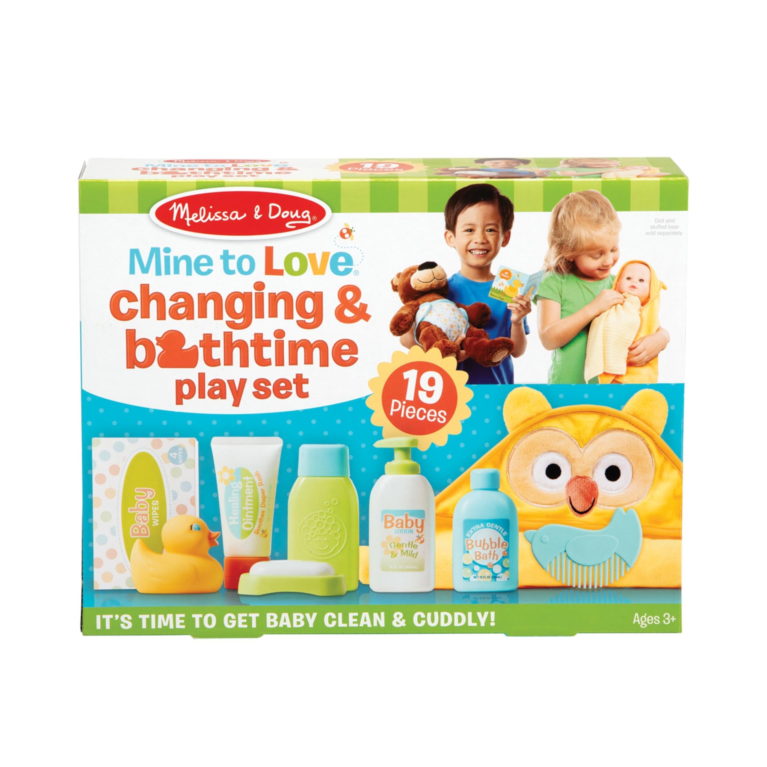 Melissa & Doug Mine to Love Changing & Bathtime Play Set for Dolls – Diapers, Pretend Shampoo,Wipes, Towel, More (19 pcs)