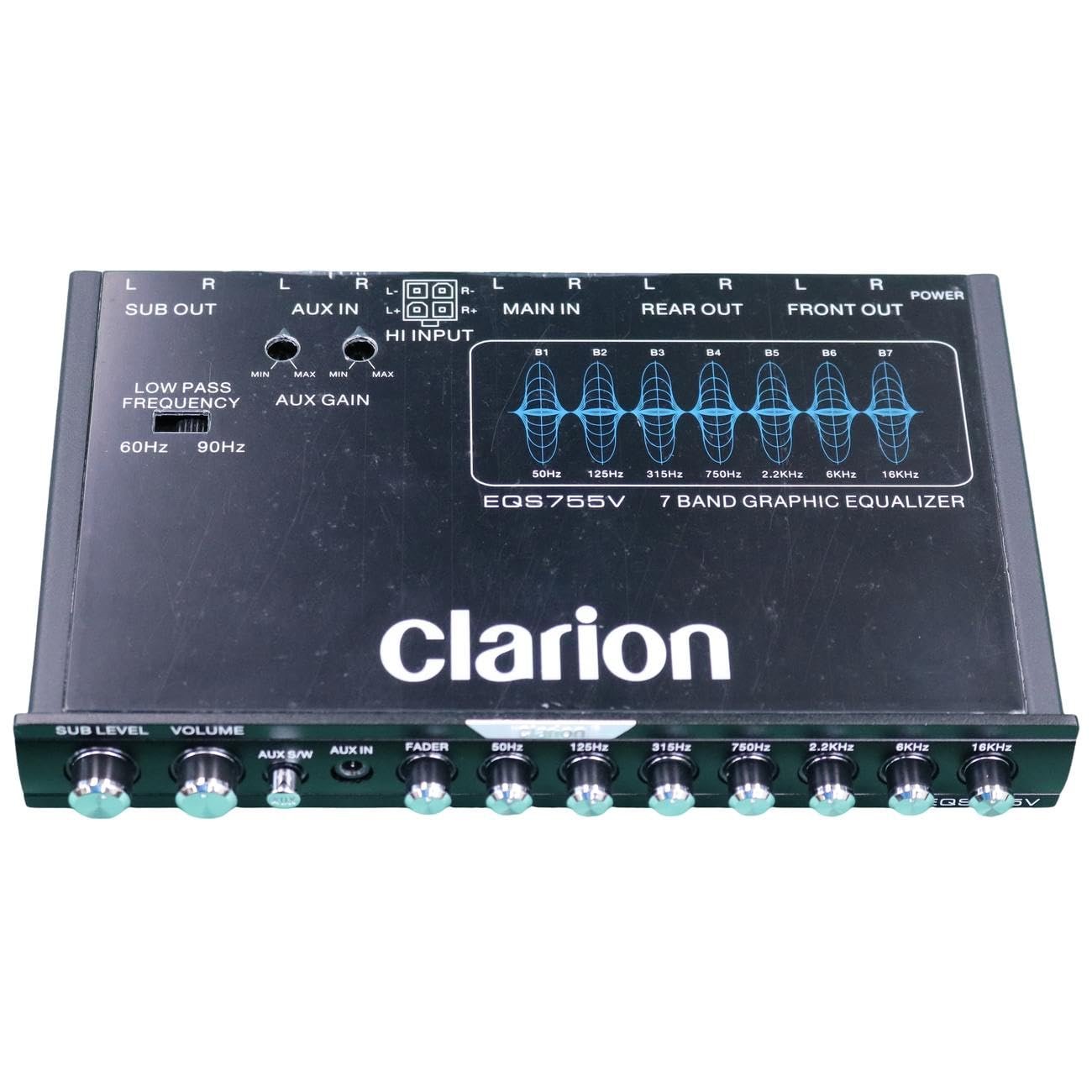 CLARION EQS755V 7-Band Car Audio 1/2-DIN Size Car Graphic Equalizer/Crossover with Front 3.5mm Auxiliary Input, Rear RCA Auxiliary Input and High Level Speaker Inputs
