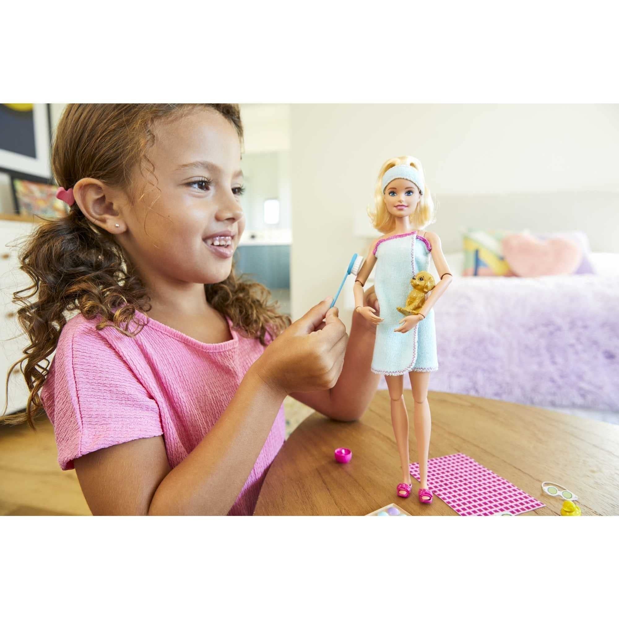 Barbie Spa Doll & Playet with Puppy & 9 Accessories Including Rubber Duck & Cucumber Eye Masks, Blonde Fashion Doll in Wrap Towel
