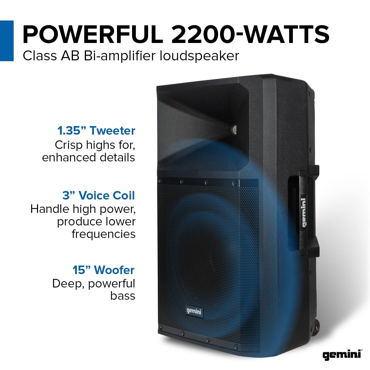 Gemini Sound GSP-2200: Elite 2200W 15" Active DJ PA Speaker with Bluetooth Stereo, Integrated 3-Channel Mixer, and Durable Design – Ideal for Music Hobbyists and Part-Time DJs