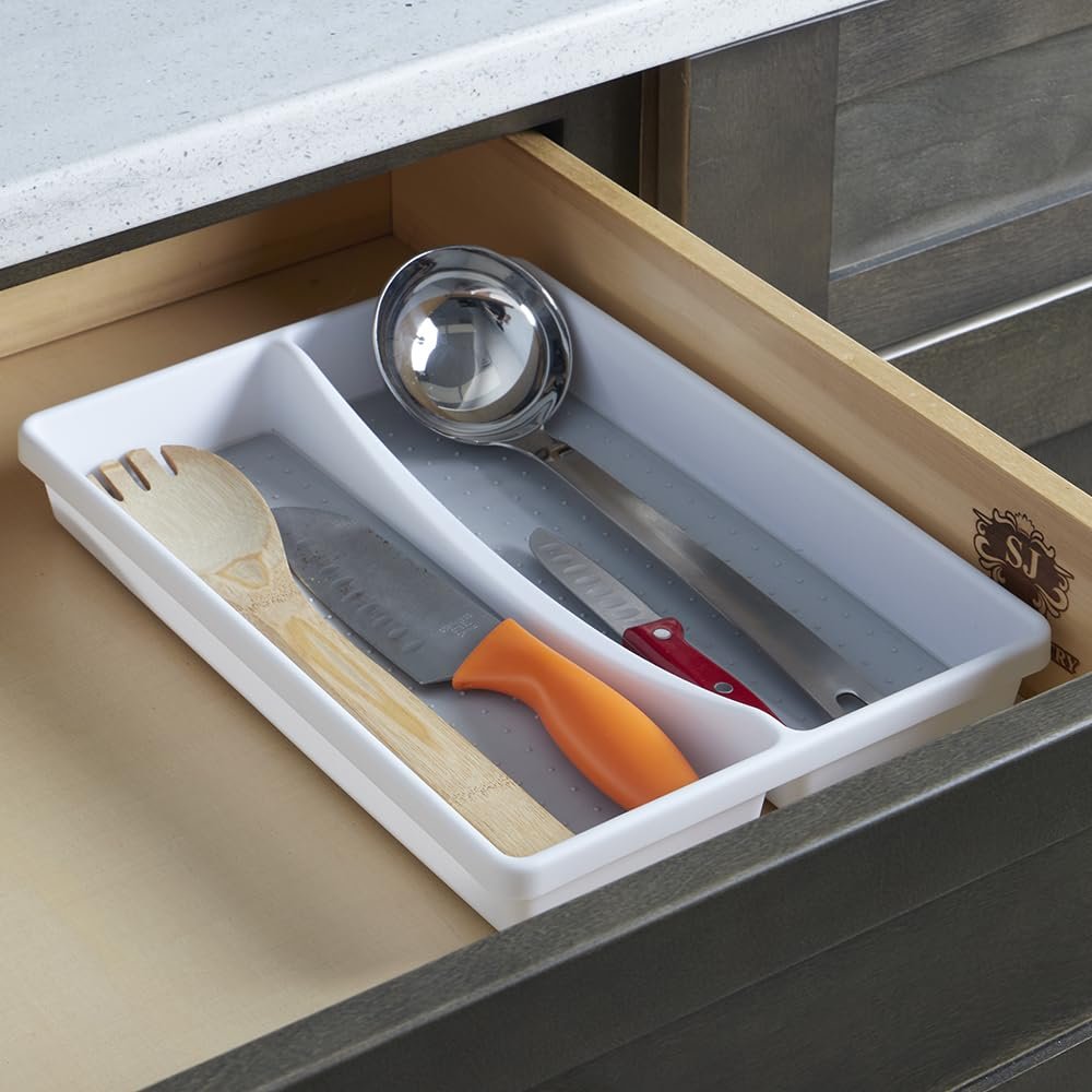 Home Basics White Multi-Purpose Home Organization Tray with 2 Spacious Compartments - 9x12, Stackable, Rubber-Lined Plastic with Soft Grip Lining and Non-Slip Feet