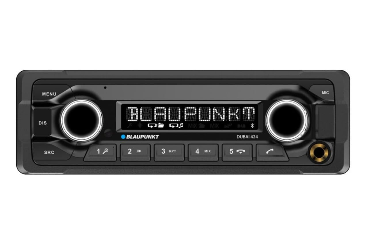 Blaupunkt DUBAI424 Single DIN Car Stereo, AM FM Radio, BT Dual USB Digital Media Receiver, FLAC MP3 Player, Hands Free Calling, 50W x4 Power, Dual Subwoofer RCA Output, Voice Assistant, 24V