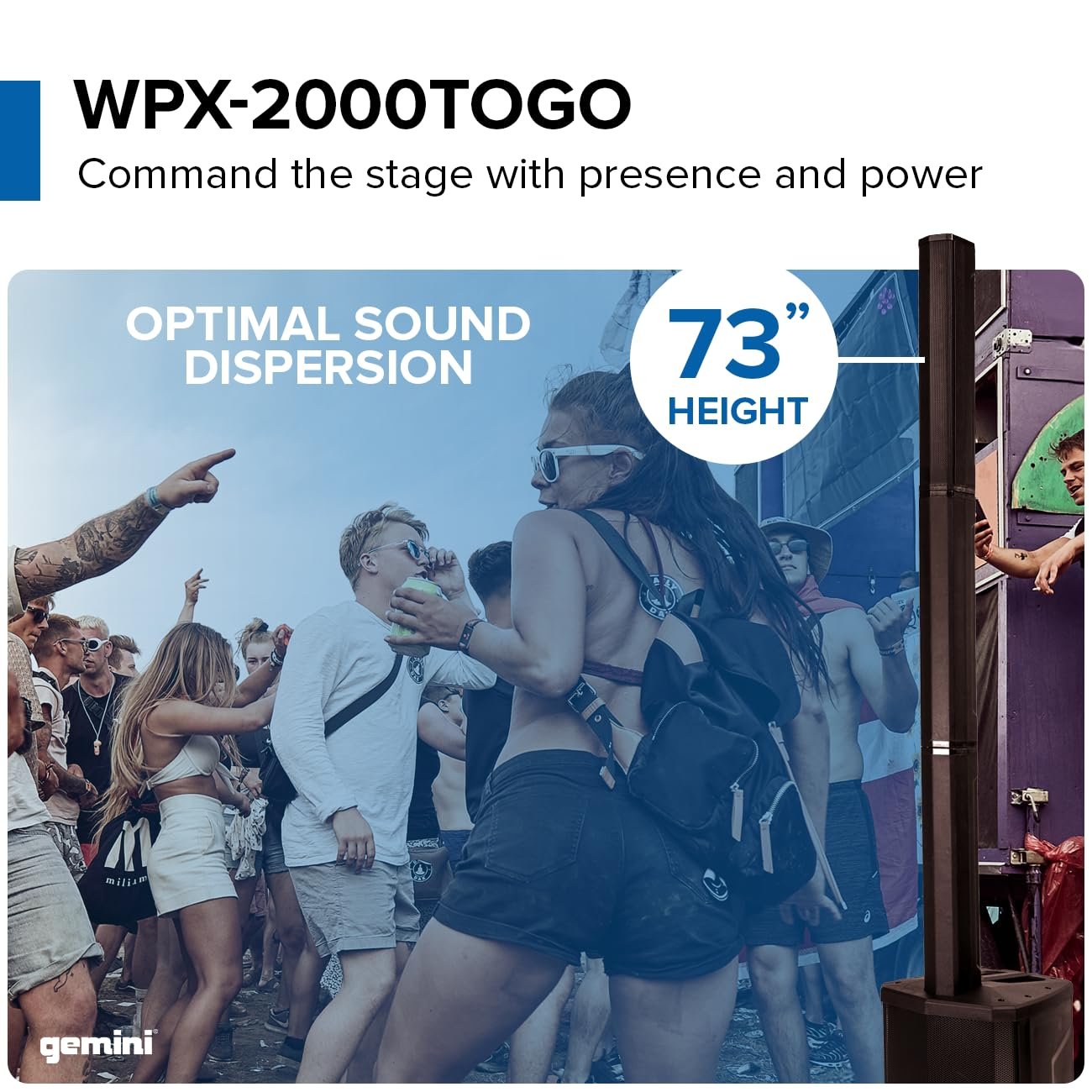 Gemini Sound WPX-2000TOGO Active Battery-Powered Column Line Array Speaker System - 1000W Peak Power, 8-Hour Playtime, Bluetooth, TWS Link, Wireless Audio, 3-Channel Mixer, Portable PA for DJs, Events