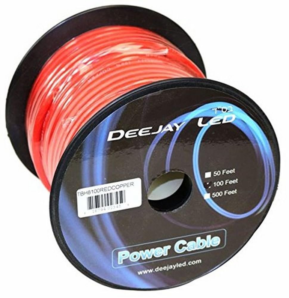 Eight-gauge 100 Foot Red Copper Stranded Power Cable Content Oxygen Free Copper Stranded Wire Style With Thick Black Outer Jacket Power Rating DEEJAY LED TBH8100REDCOPPER