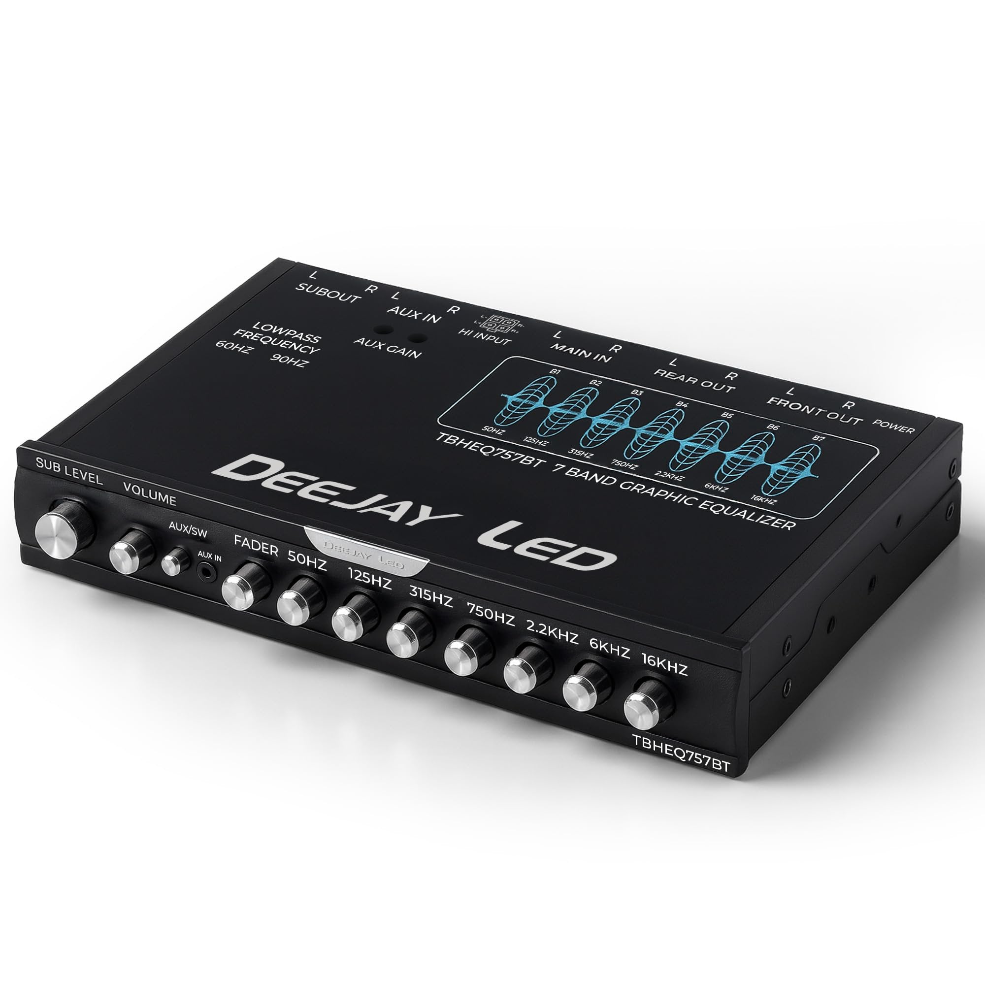 DEEJAY LED Single Din Car Equalizer, Wireless Bluetooth 7 Band Equalizer for Car Audio, Subwoofer Fader, Stereo RCA Inputs & Outputs, Front Panel Aux in, Sound, 18dB Crossover