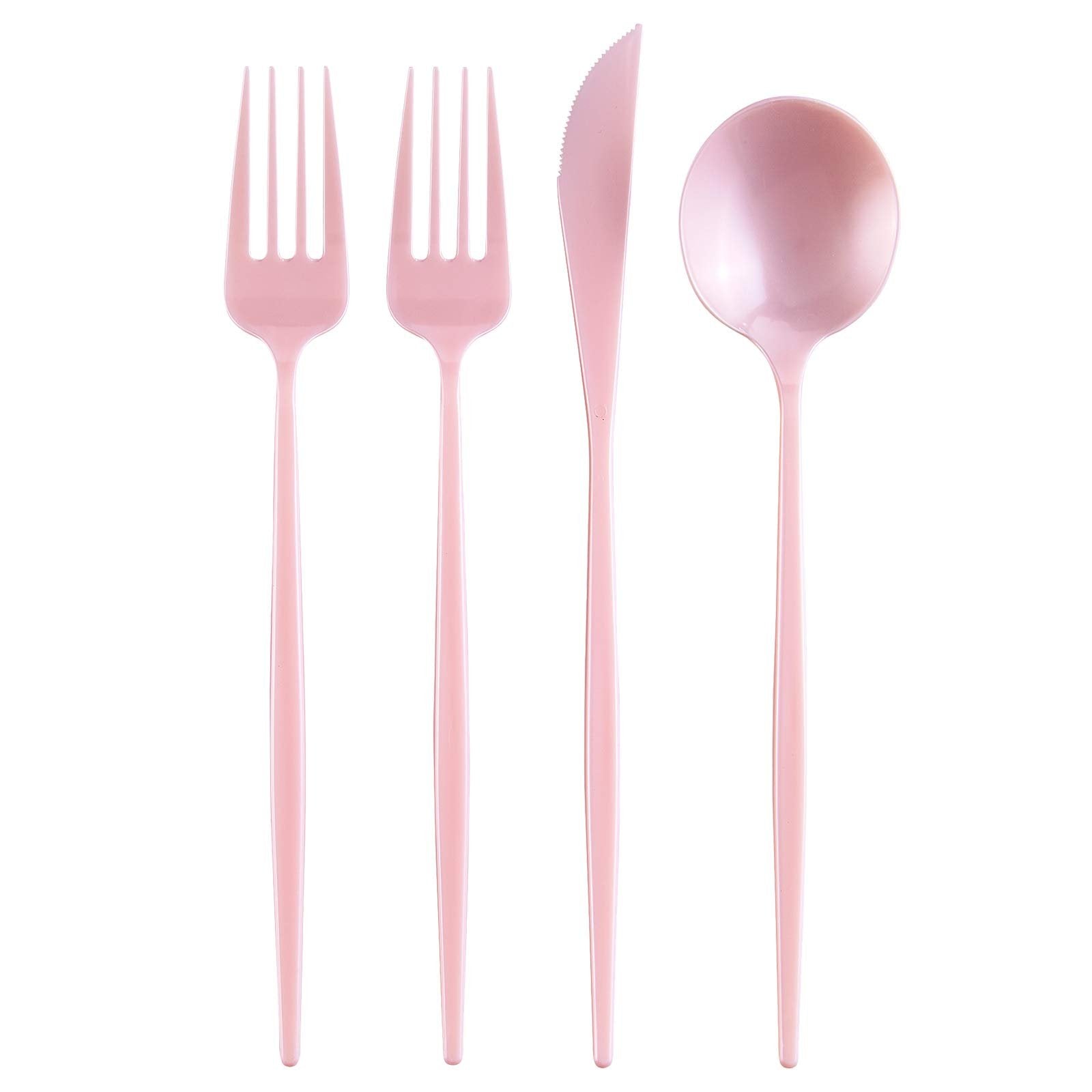 SILVER SPOONS Pink Disposable Cutlery (80 PC) Heavy Duty Plastic Silverware Set, Includes: 40 Salad Forks, 20 Soup Spoons and 20 Dinner Knives, Disposable Flatware for Upscale Wedding and Dining