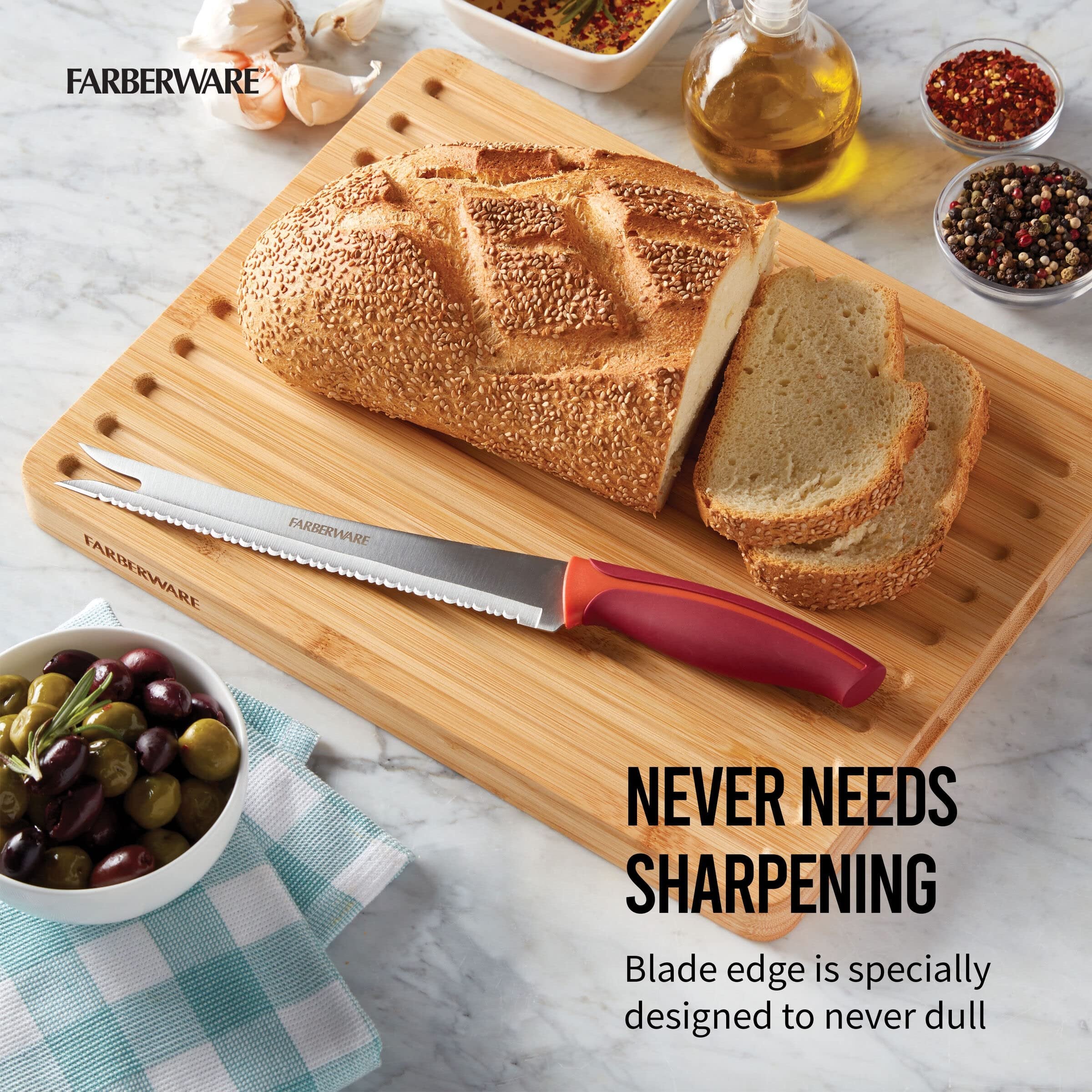 Farberware Slice Bread Knife Ultra-Sharp Serrated Blade, Ergonomic Soft-Grip Handle, Ideal for Precise Cutting, 8 inch, Maroon