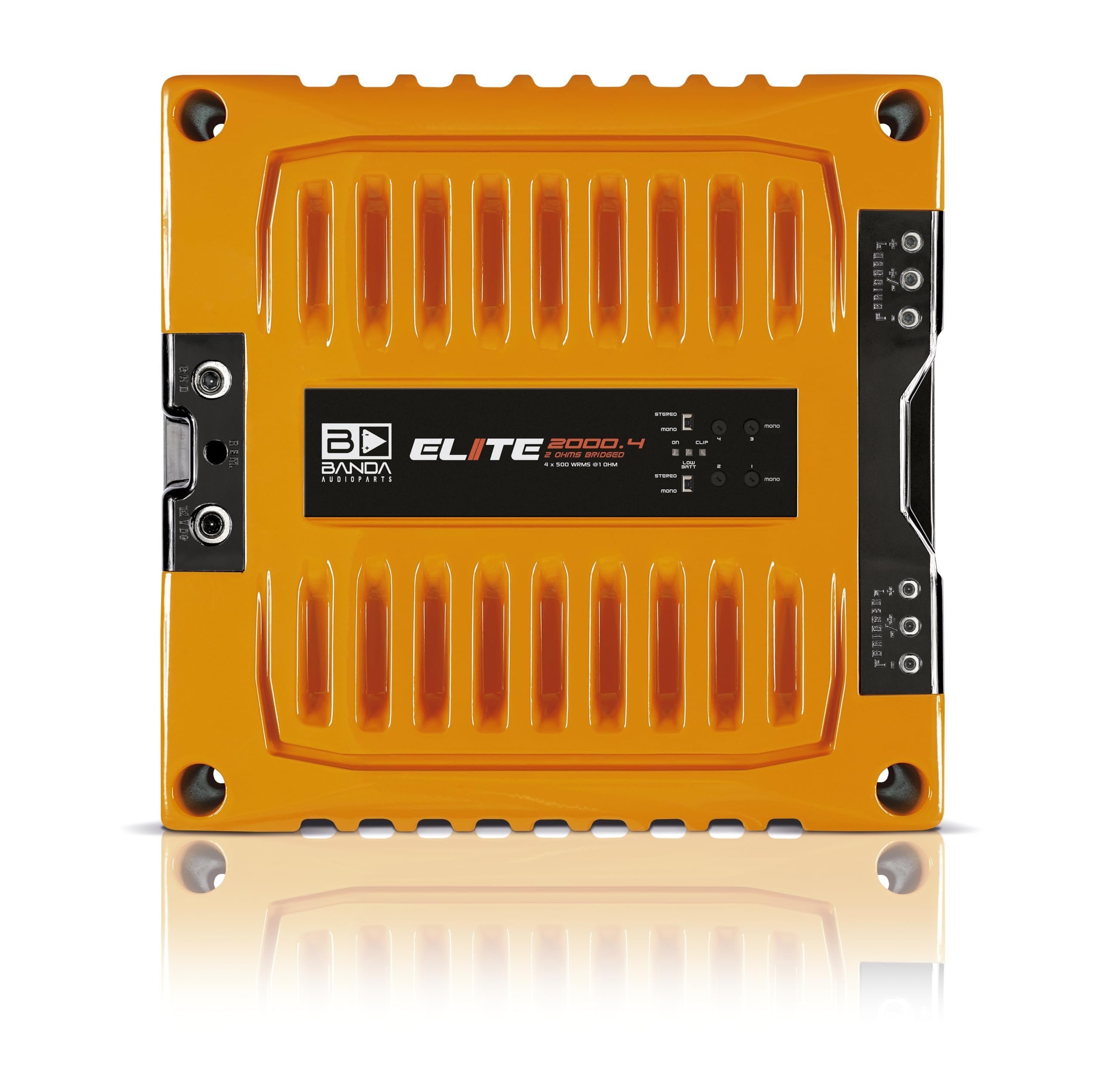 Banda 2000.41OHMORANGE 4-Channel Vehicle Audio Bass Amplifier - 500W High-Powered Mono Bass Amplifier w/Subsonic Filter & Low Pass Filter Stable at 1 ohm, LED Indicators, Sound Specialization, Orange