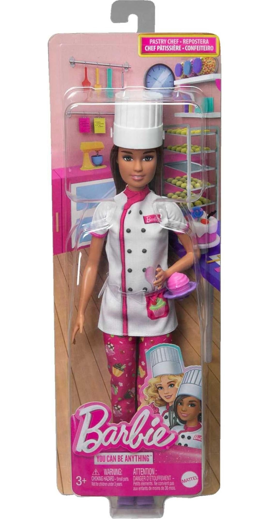Barbie Careers Fashion Doll & Accessories, Pastry Chef Wearing Removable Baking Outfit with Hat & Cake Slice