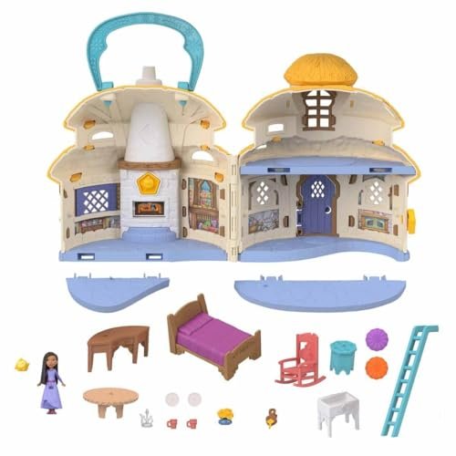 Mattel Disney Wish Micro Doll & Doll House Playset, Asha of Rosas Cottage with Asha Doll, Star Figure & 15+ Furniture & Accessories, Travel Toy