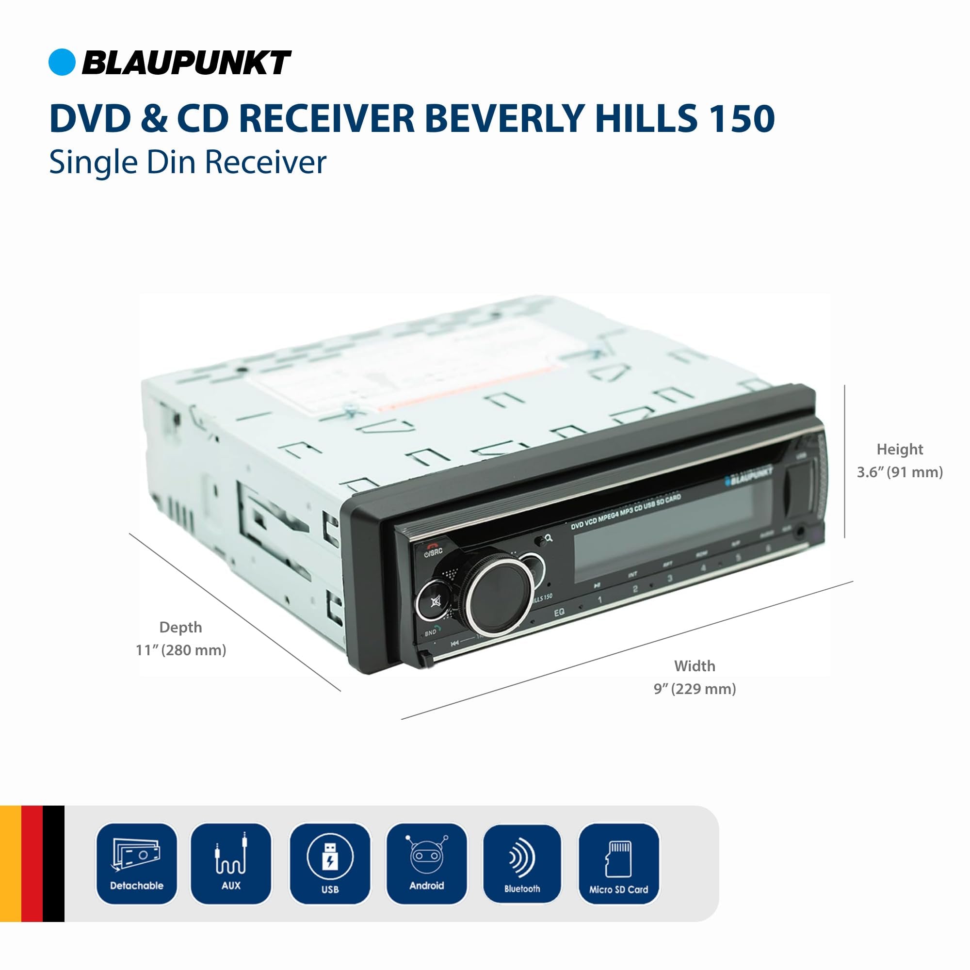BLAUPUNKT Beverly Hills 150 Multimedia Car Stereo - 120W Peak Power, Bluetooth Connectivity, Hands-Free Calling, Detachable Faceplate, DVD & CD Receiver, USB/SD, AM/FM, Remote Control - Black