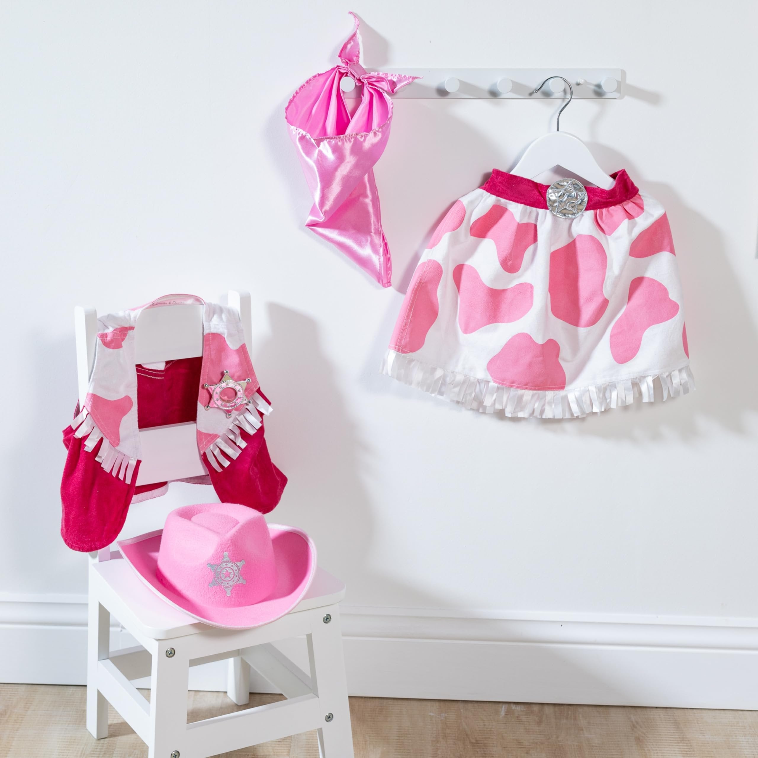 Melissa & Doug Cowgirl Role Play Costume Set (5pcs) - Skirt, Hat, Vest, Badge, Scarf Pink, Child 3-6