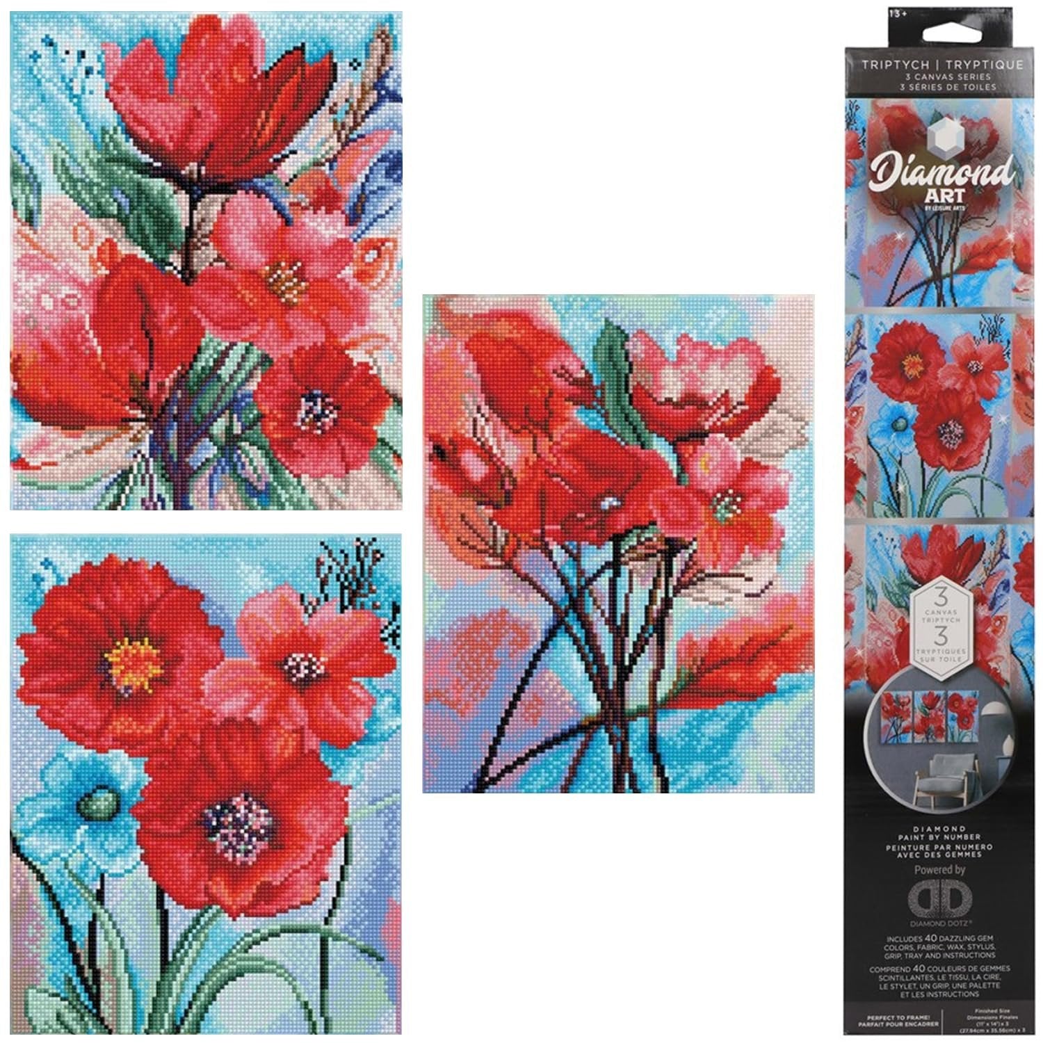 Diamond Art By Leisure Arts Diamond Painting Kits For Adults 11"X14" Advanced Triptych Red Poppies, Set Of 3, Full Drill, Art Kits, Dimond Art, For Adults