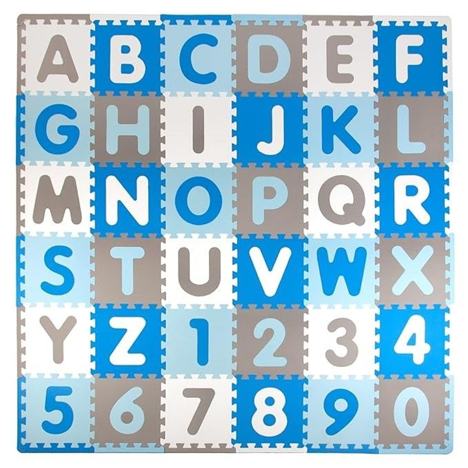 Tadpoles Foam Playmats for Kids, 36 Interlocking Tiles Teach the ABCs and Numbers 0-9, Total Floor Coverage 74” x 74” (36 Sq Ft), For Ages 3 and Up, Colors: Blue/Grey