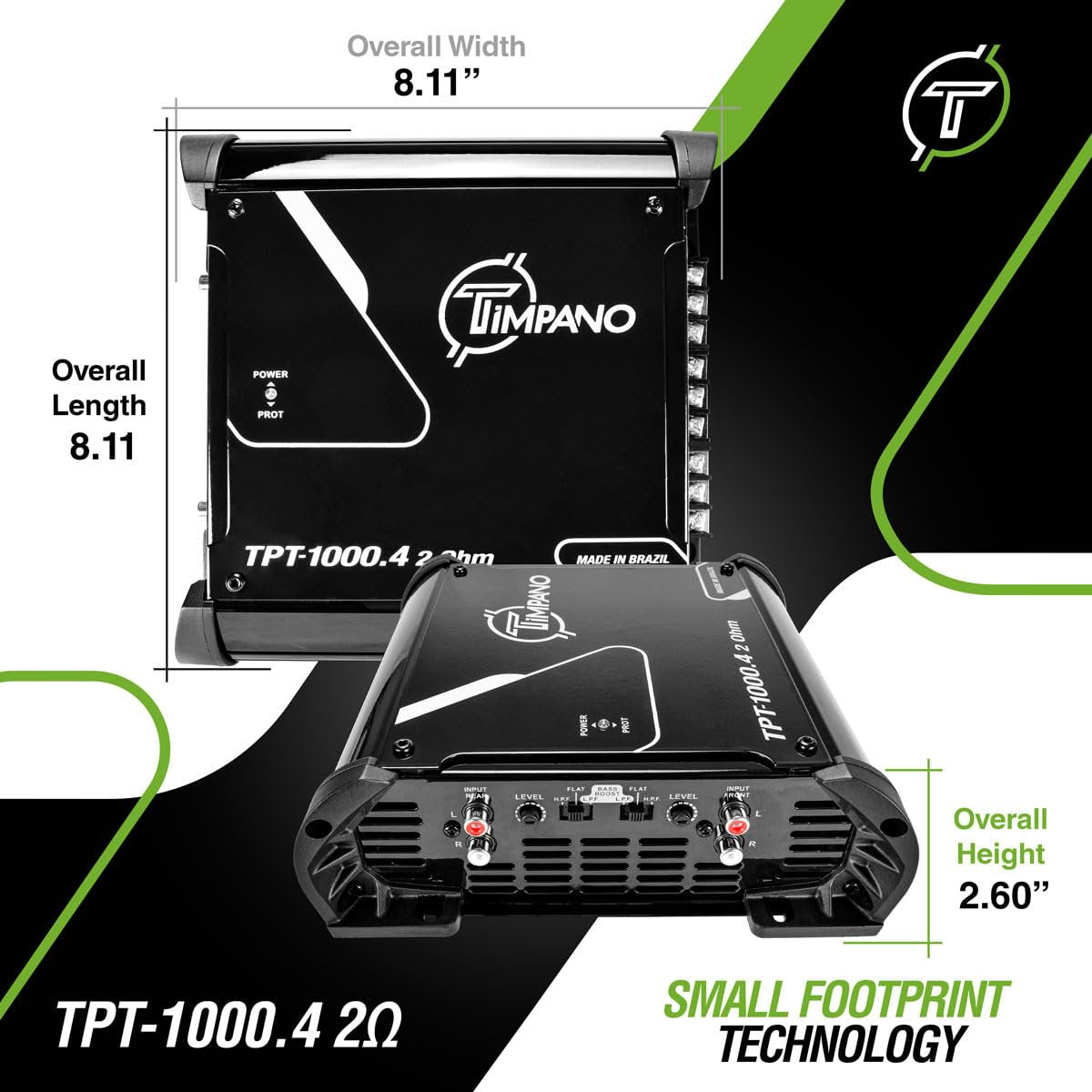 Timpano TPT-1000.4 Compact 4 Channel Car Audio Amplifier – 4 x 260 Watts at 2 Ohms – High Power Stereo 12 Volts Full Range Class D Amp Bridgeable