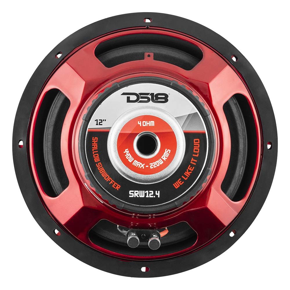 DS18 SRW12.4 Shallow Subwoofer - 12" Speaker, 440 MAX Power, 220W RMS, Rubber Edge and Paper Cone, Red Steel Basket, Voice Coil 4 Ohm Impedance