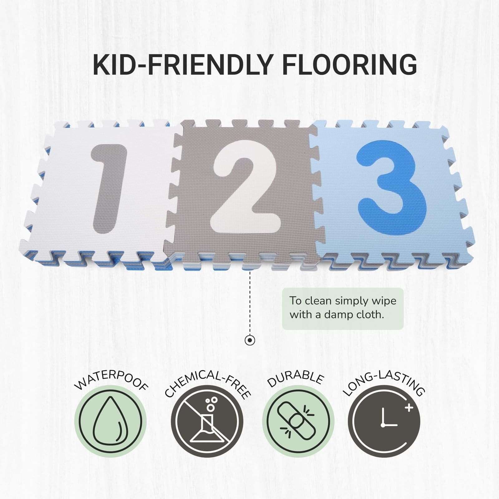 Tadpoles Foam Playmats for Kids, 36 Interlocking Tiles Teach the ABCs and Numbers 0-9, Total Floor Coverage 74” x 74” (36 Sq Ft), For Ages 3 and Up, Colors: Blue/Grey