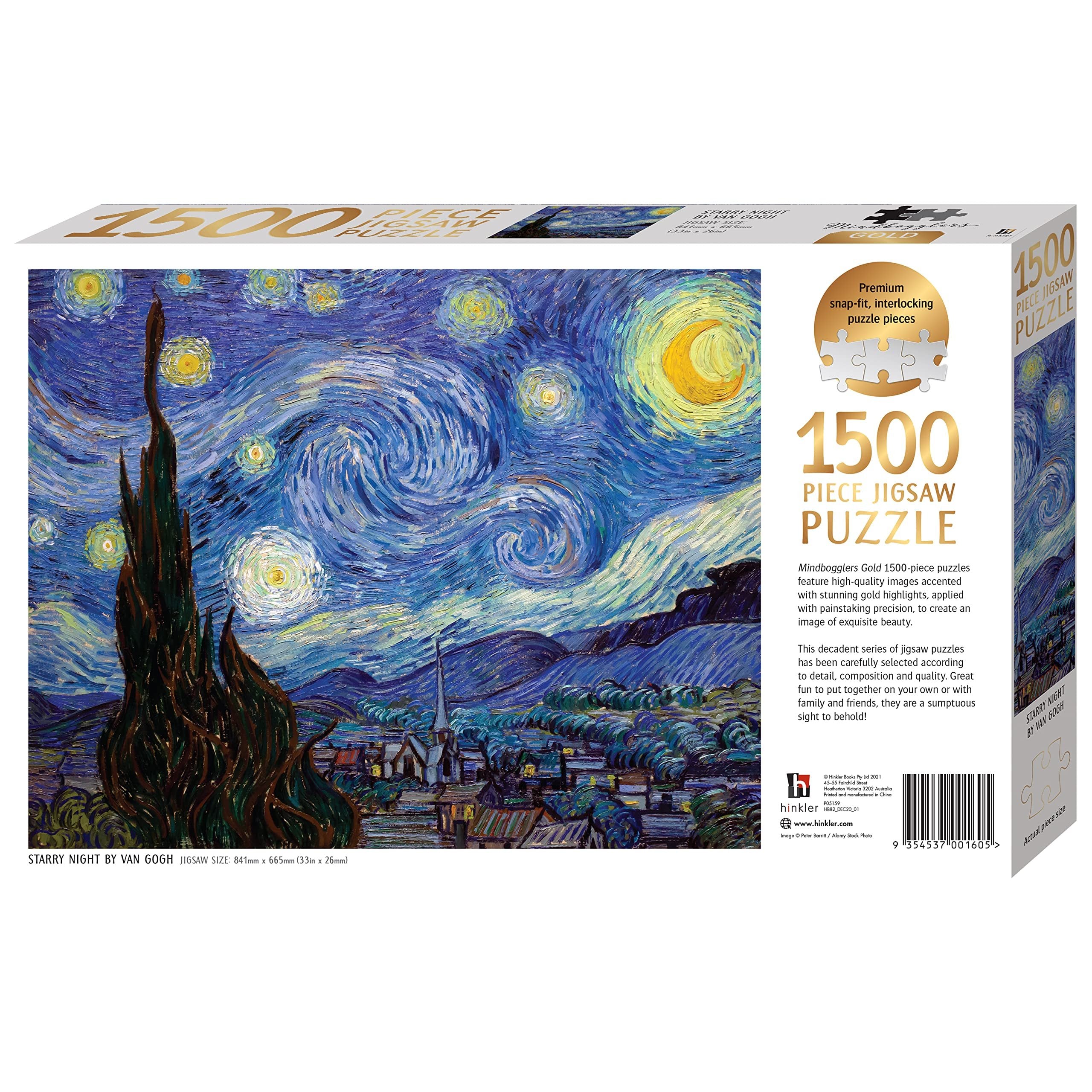 Mindbogglers Gold 1500-Piece Jigsaw Puzzle: Starry Night by Van Gogh - Jigsaws for Adults - Deluxe Jigsaw Puzzles - 33x26in - Intricate Puzzles - Advanced Jigsaws - Hobbies - Gold Foil Jigsaw Puzzles