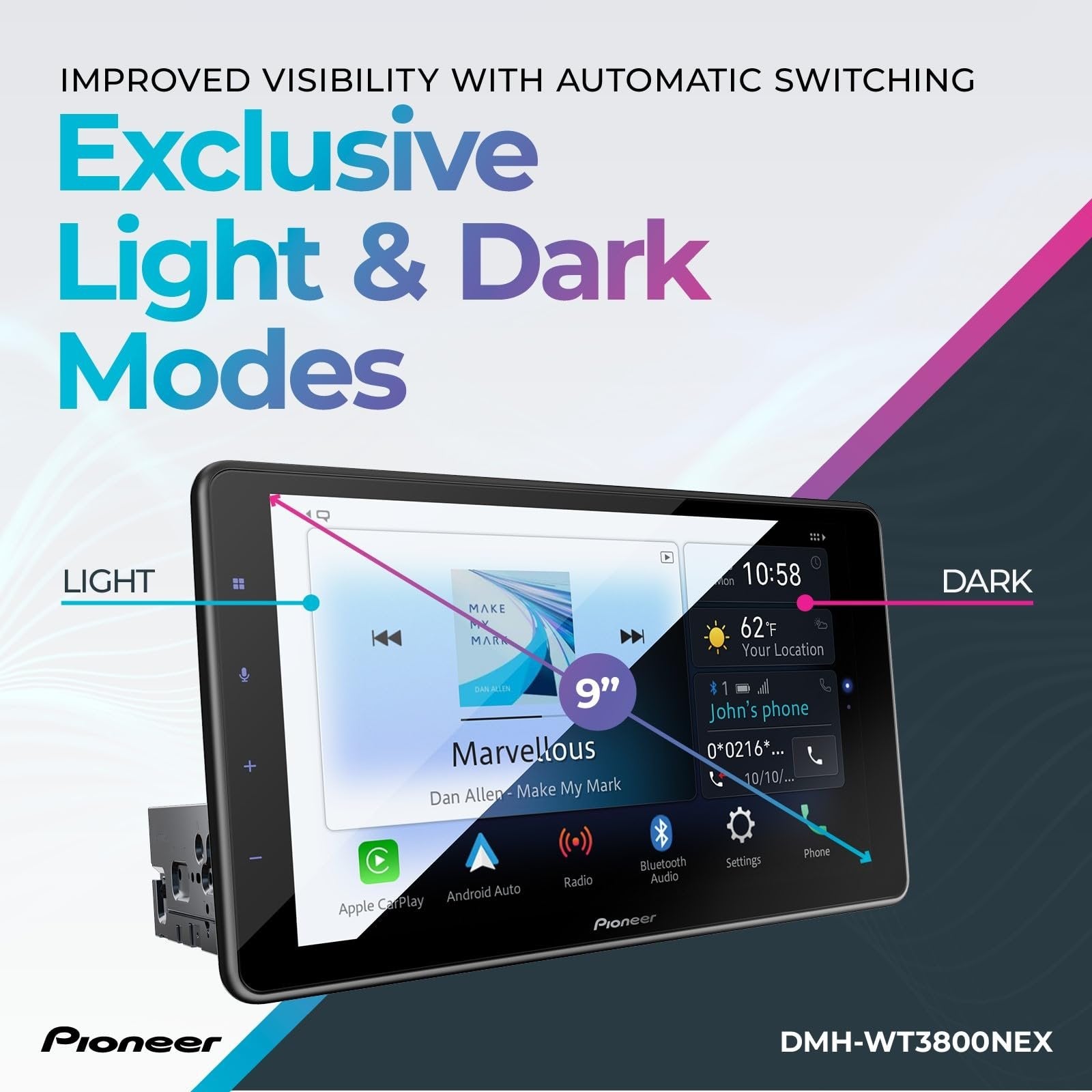 Pioneer DMH-WT3800NEX Digital Multimedia Receiver with Wireless Apple CarPlay and Android Auto, 9” Capacitive Floating Screen, Single-DIN, Built-in Bluetooth and WiFi, Amazon Alexa via App