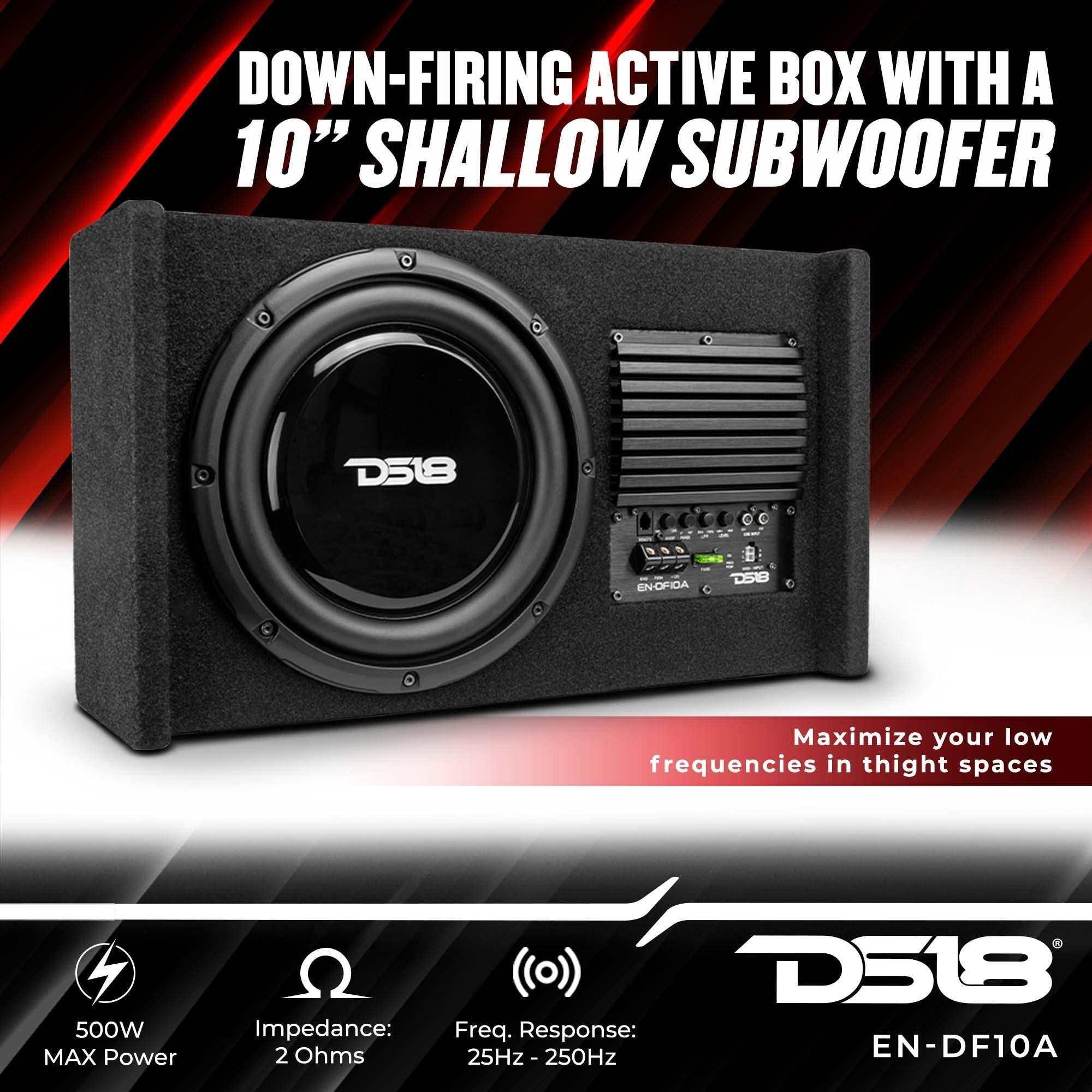 DS18 EN-DF10A 10" Amplified Thin Shallow Down-Firing Subwoofer Enclosure 500 Watts - Powered Subwoofer Box Compact Sealed Design for Car & Trucks