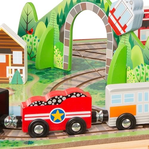 Melissa & Doug 17-Piece Wooden Take-Along Tabletop Railroad, 3 Trains, Truck, Play Pieces, Bridge - FSC Certified