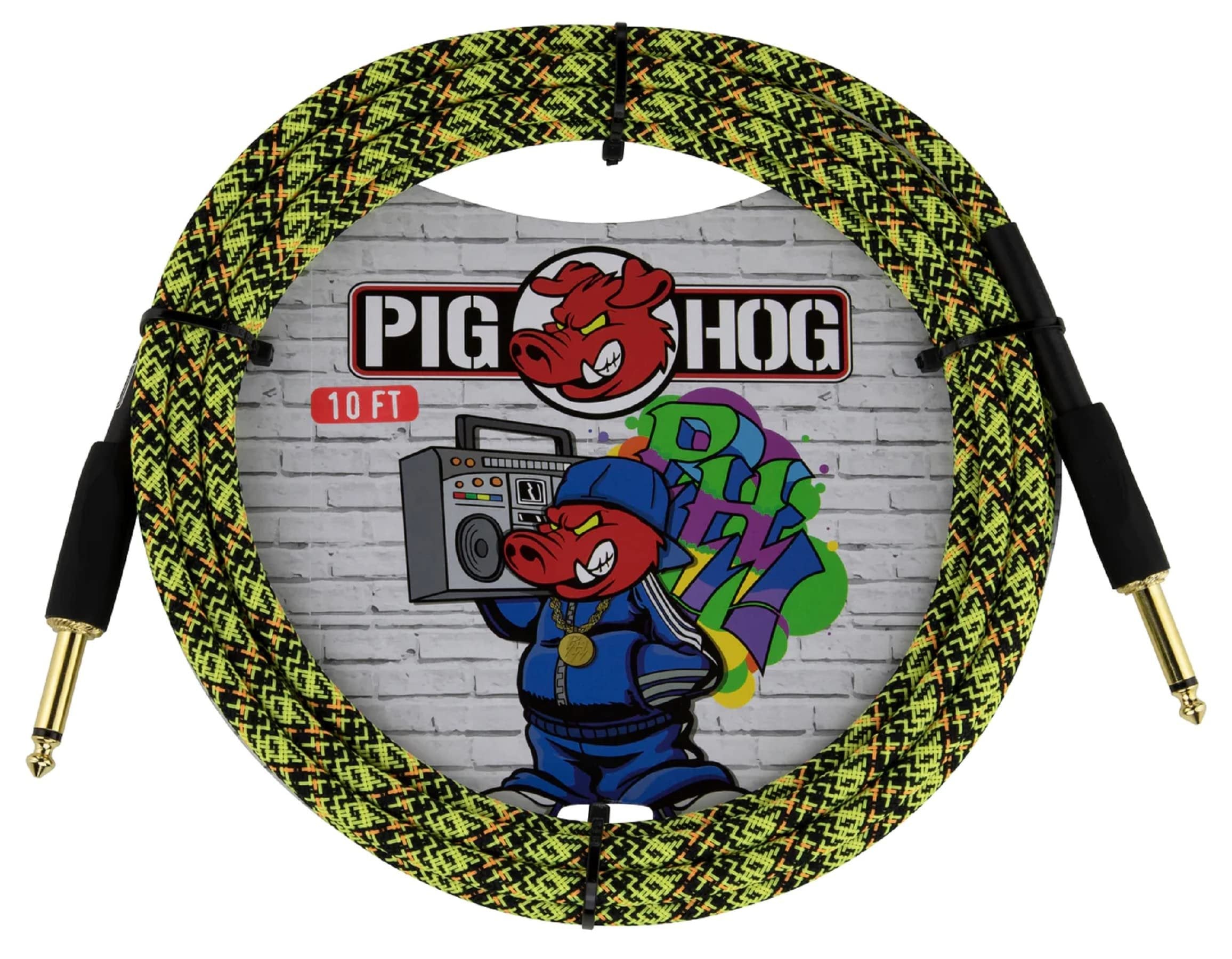 Pig Hog PCH10GYW Yellow Graffiti High Performance Instrumental Cable 10-Feet Straight Unique Woven Outer Covering Gold Plated 1/4" Straight Connectors